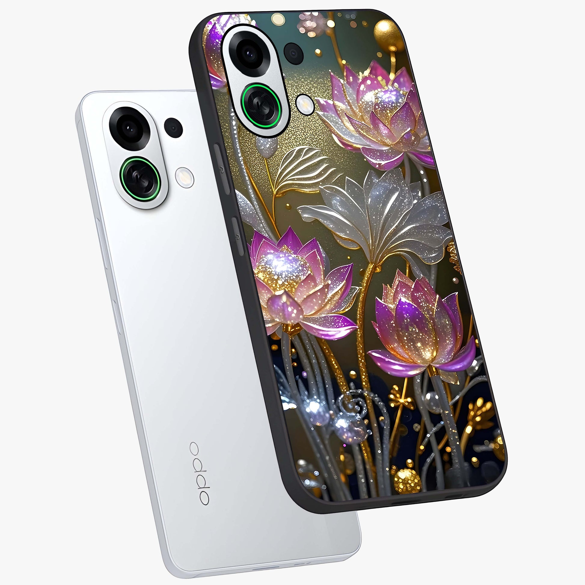 Golden Floral Majesty Glass Case displayed in angled mockup highlighting elegant flower design with royal golden aesthetic.