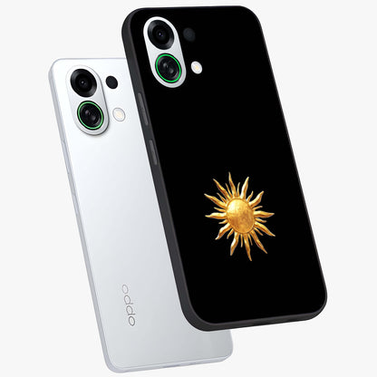 Golden Sun Minimalism Glass Case displayed in angled mockup highlighting eerie shadow illustration with gothic aesthetic.