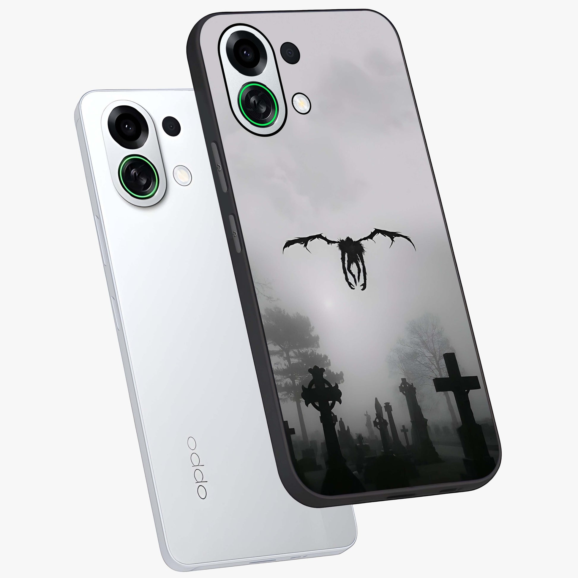 Graveyard Shadow Descent Glass Case displayed in angled mockup highlighting eerie shadow illustration with gothic aesthetic.
