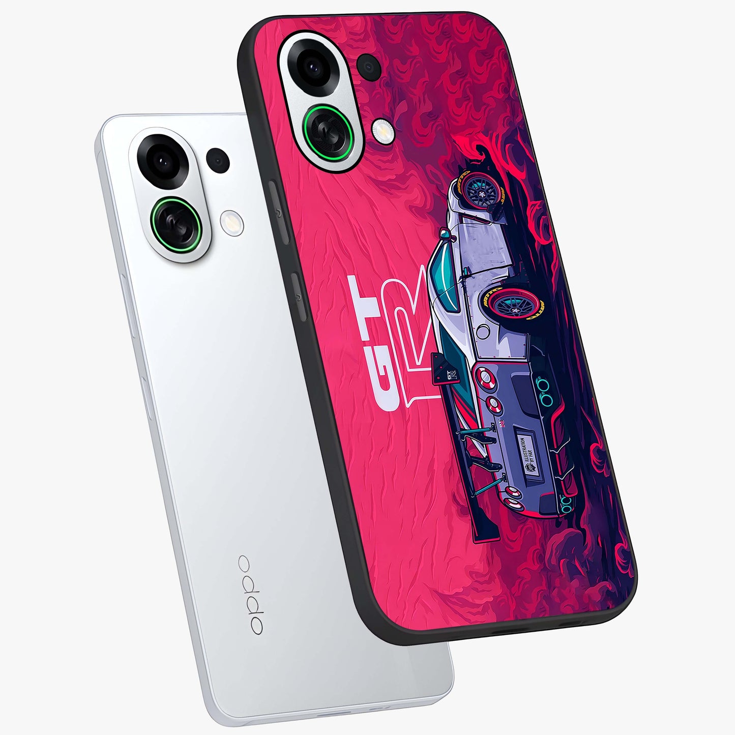 GT-R Car Pattern Glass Case displayed in angled mockup highlighting racing car graphic design with bold automotive aesthetic.