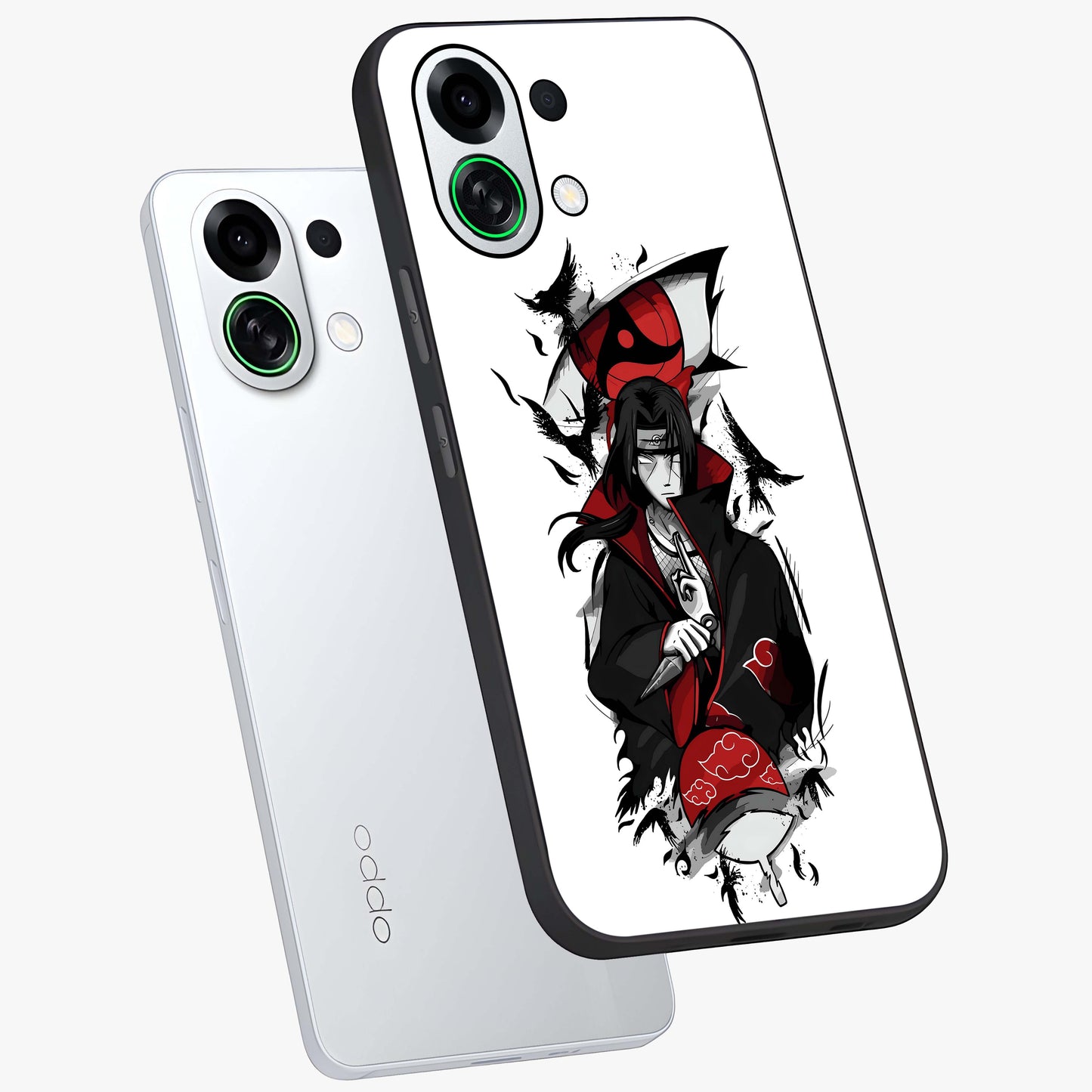 Itachi Limited Edition Naruto Anime Glass Case displayed in angled mockup highlighting dramatic anime illustration with bold action aesthetic.