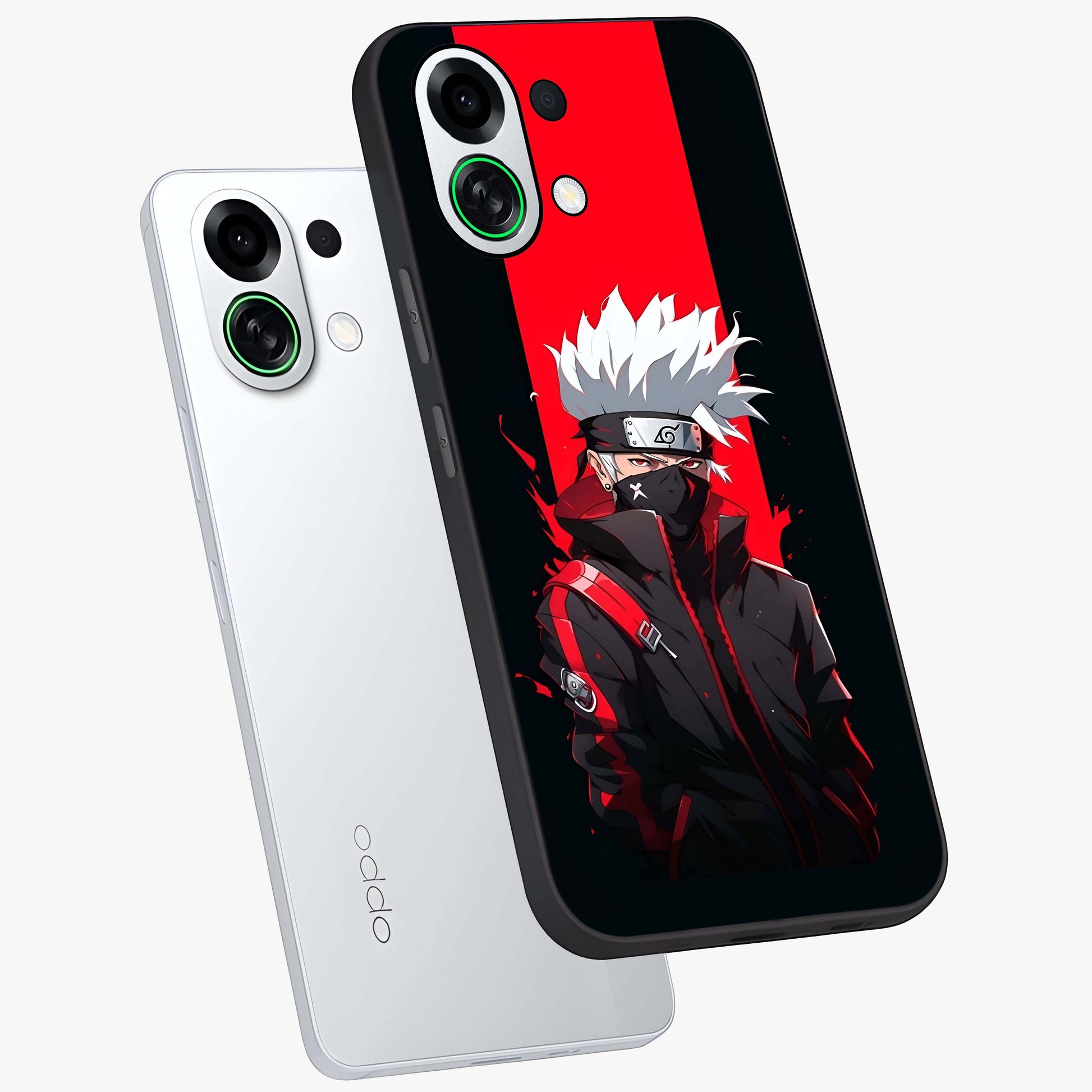 Kakashi Scarlet Shadow Glass Case displayed in angled mockup highlighting dramatic ninja illustration with scarlet themed aesthetic.