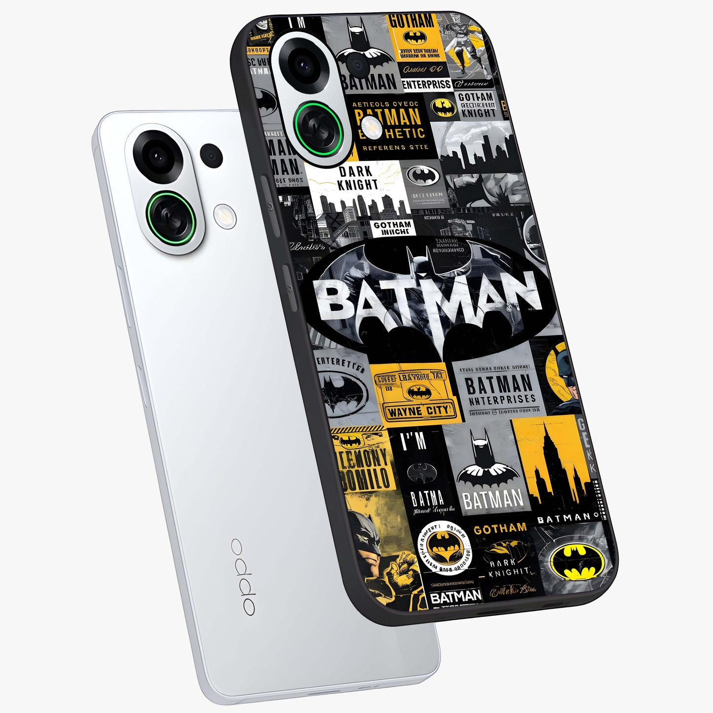 Knight Gotham Rise Glass Case displayed in angled mockup highlighting powerful knight silhouette design with dramatic aesthetic.