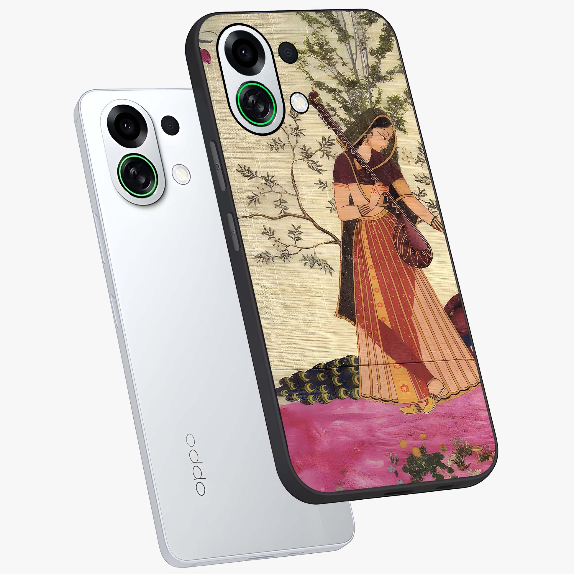 Lady With Veena Art Glass Case displayed in angled mockup highlighting graceful musical illustration with cultural artistic aesthetic.