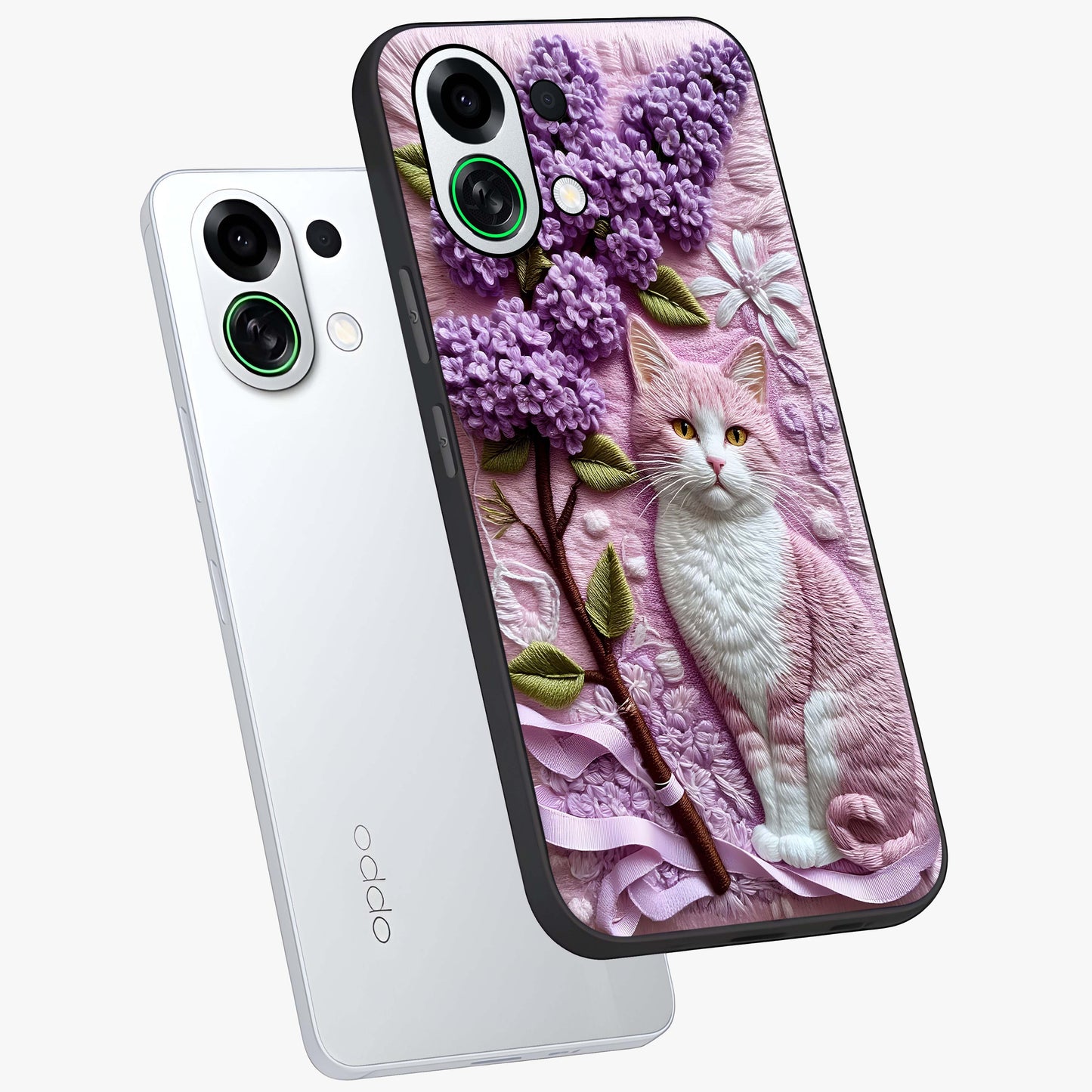 Lavender Cat Whimsy Glass Case displayed in angled mockup highlighting playful feline illustration with pastel lavender aesthetic.