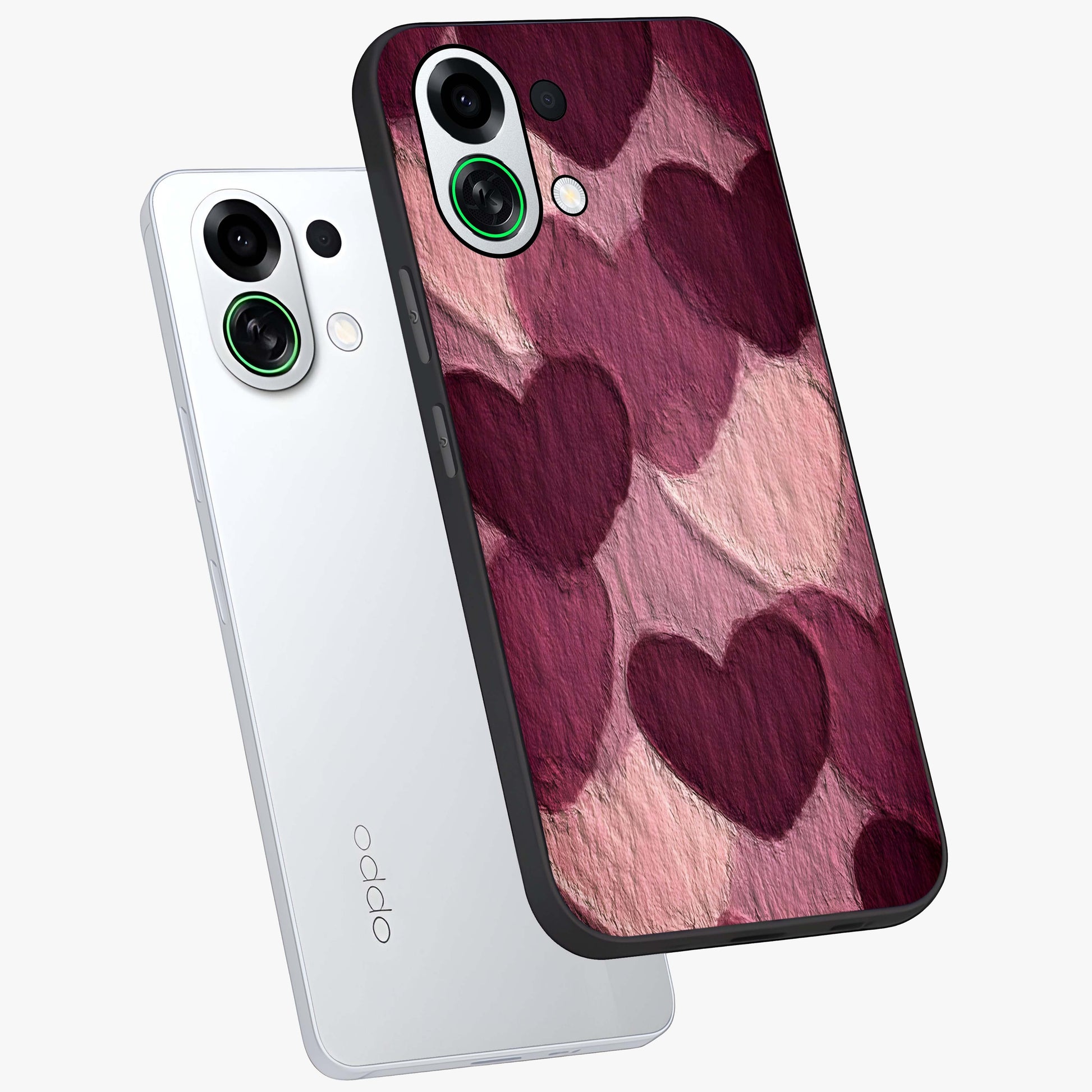Layered Paper Hearts Glass Case displayed in angled mockup highlighting creative paper craft heart design with romantic aesthetic.