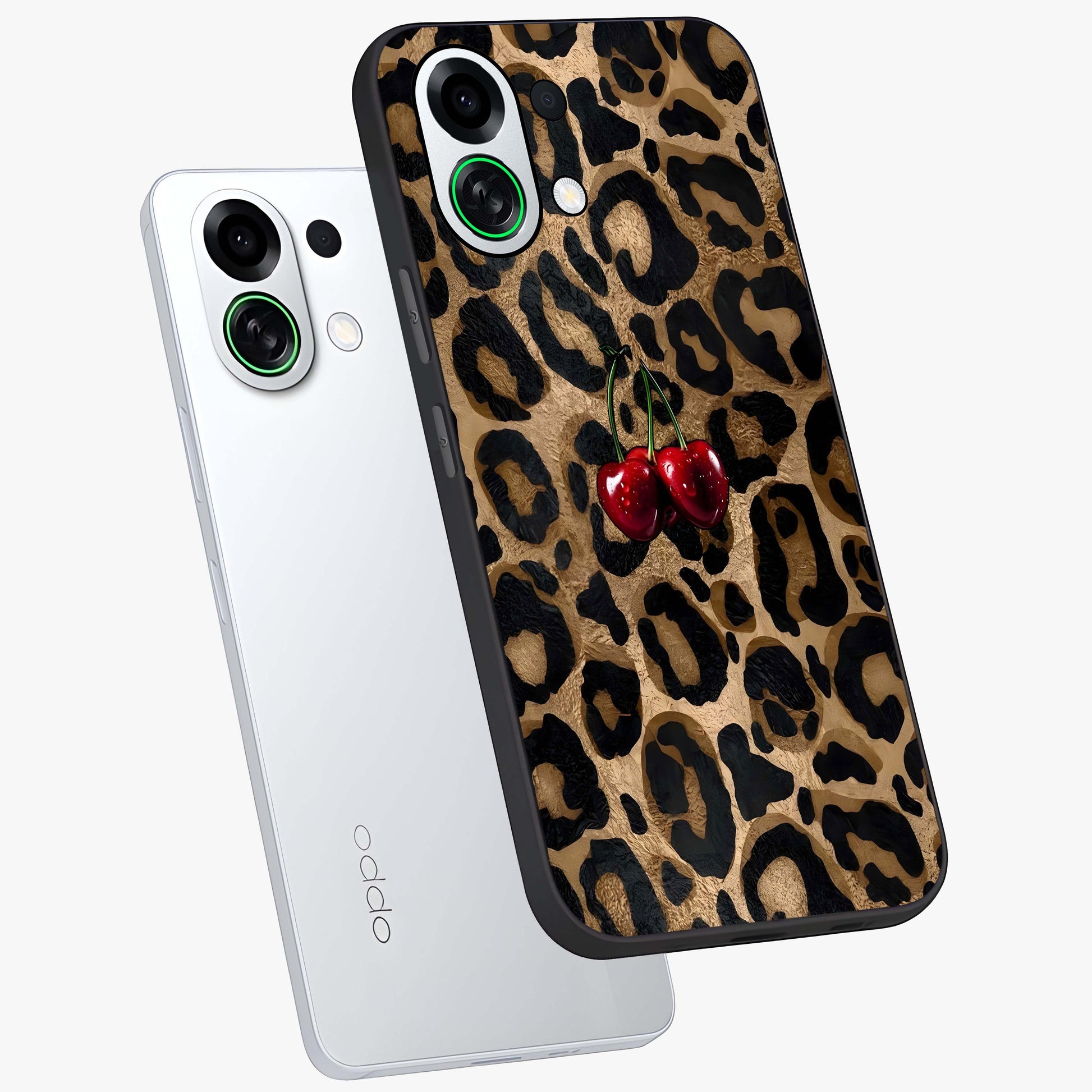 Leopard Wild Cherry Glass Case displayed in angled mockup highlighting bold animal print design with playful cherry aesthetic.