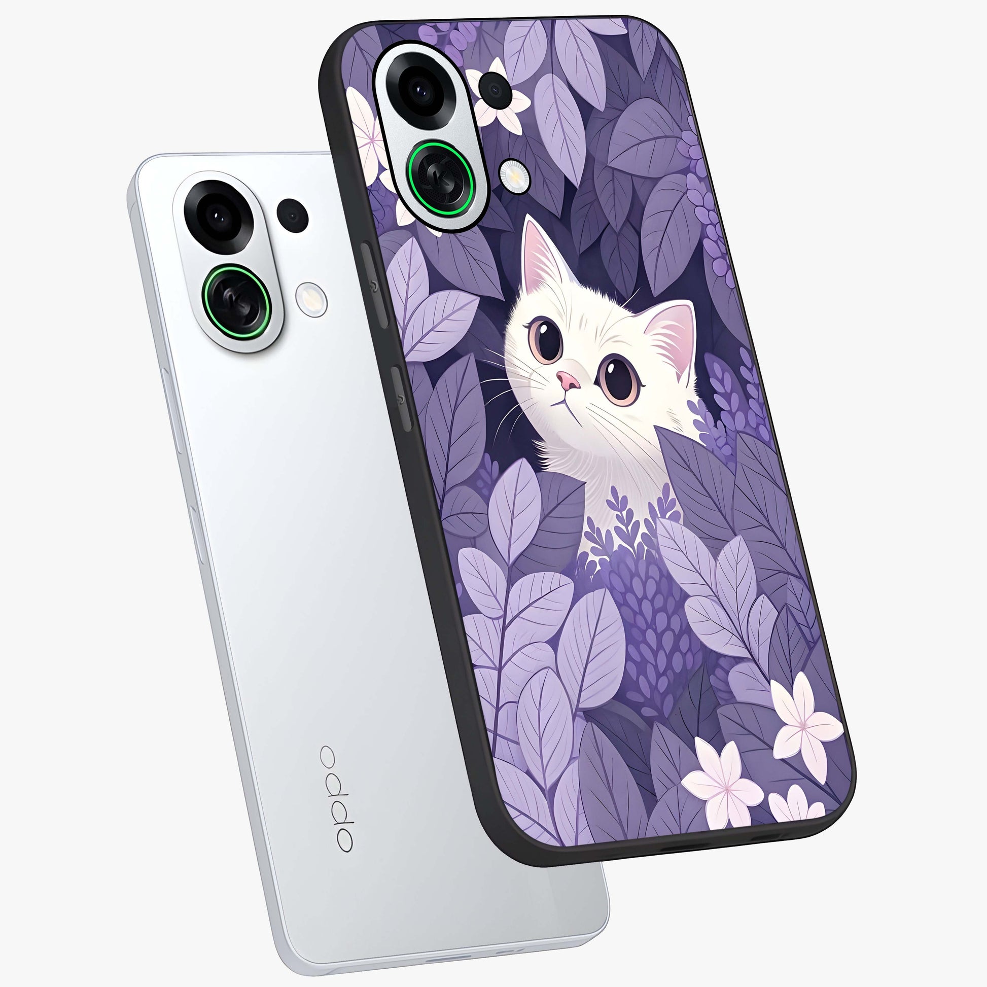 Lilac Hide Peek Cat Glass Case displayed in angled mockup highlighting playful feline illustration with lilac aesthetic design.