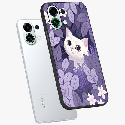 Lilac Hide Peek Cat Glass Case displayed in angled mockup highlighting playful feline illustration with lilac aesthetic design.