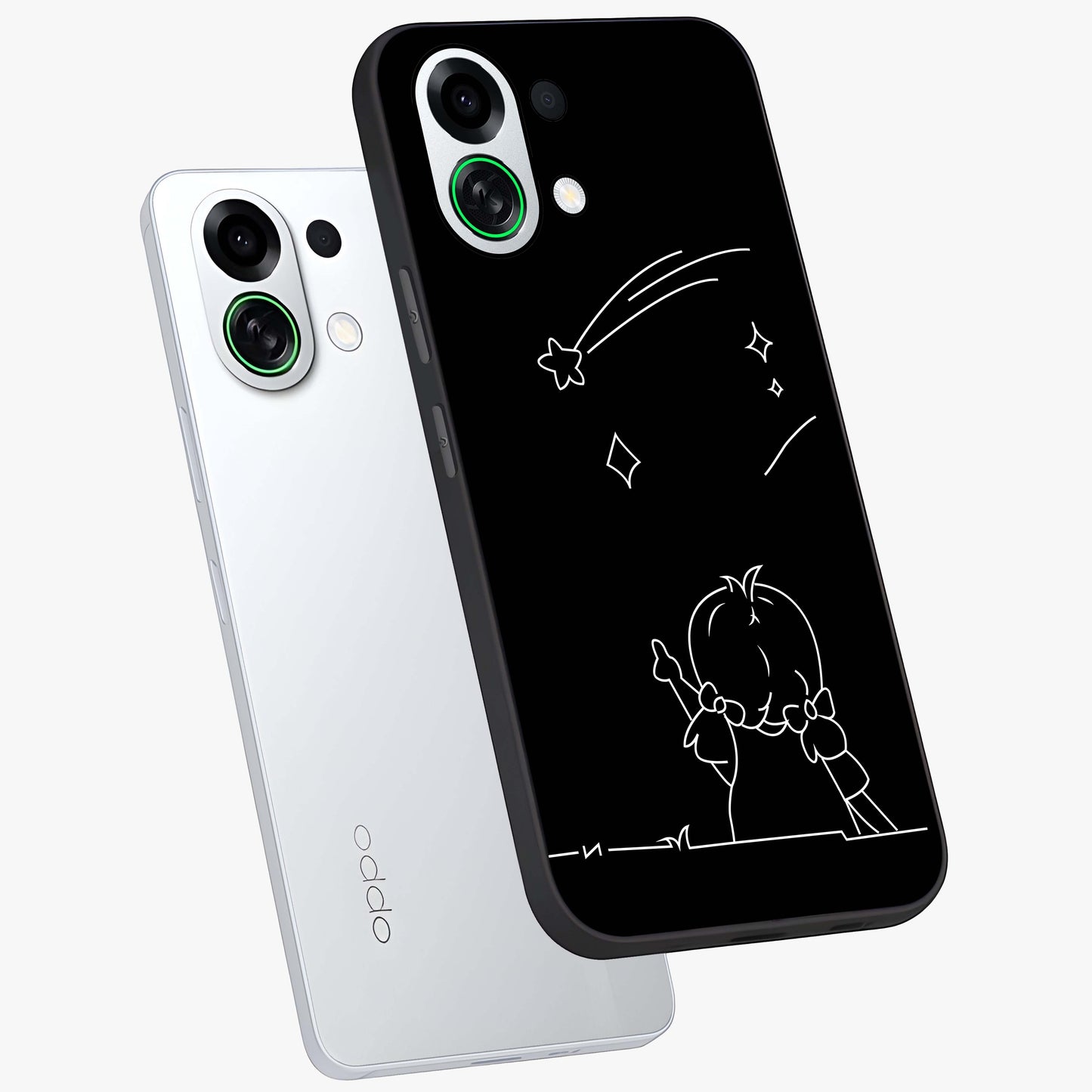 Line Art Girl With Shooting Stars Glass Case displayed in angled mockup highlighting elegant line art design with dreamy star aesthetic.
