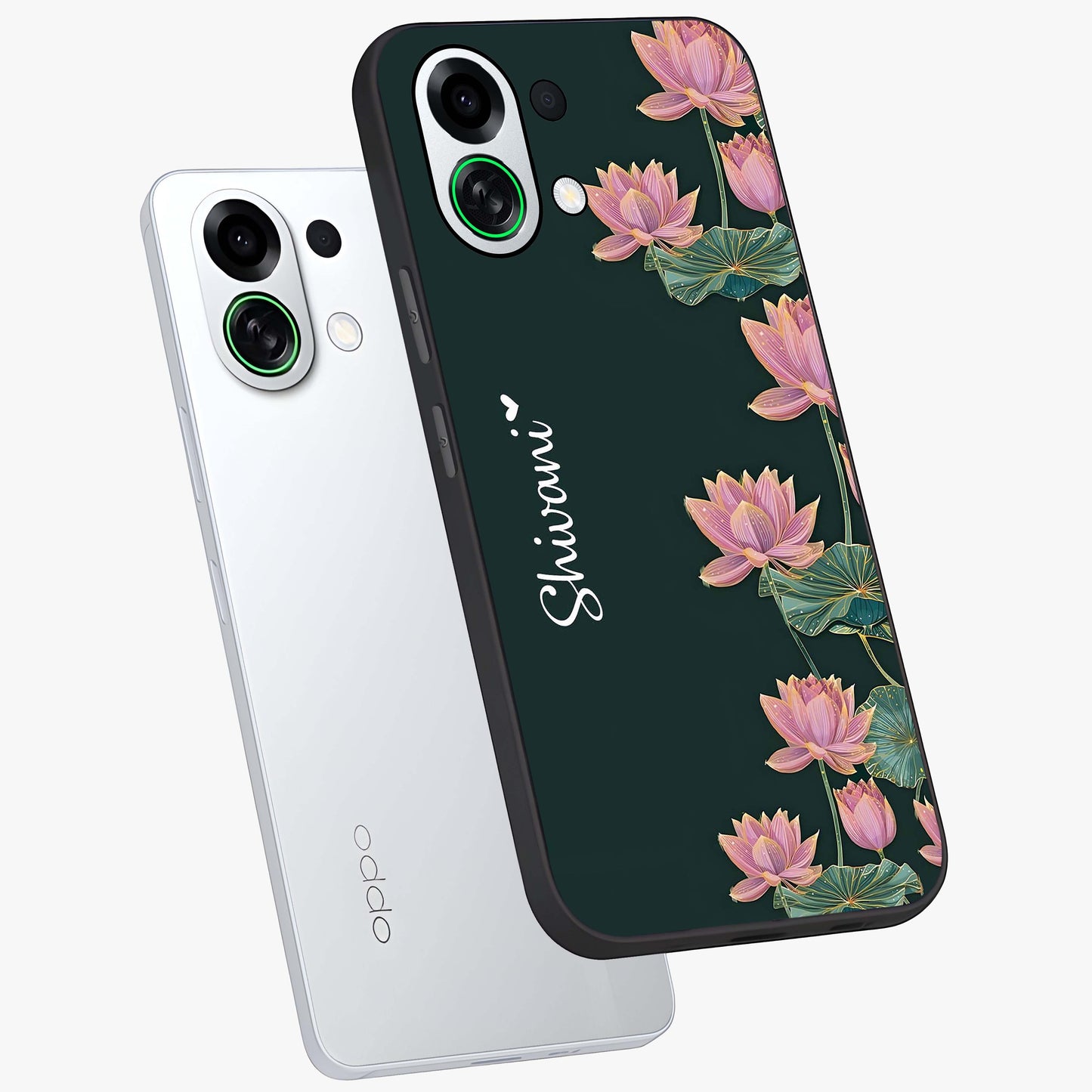 Lotus Bloom Serenity Custom Name Glass Case displayed in angled mockup highlighting graceful lotus illustration with custom name feature.