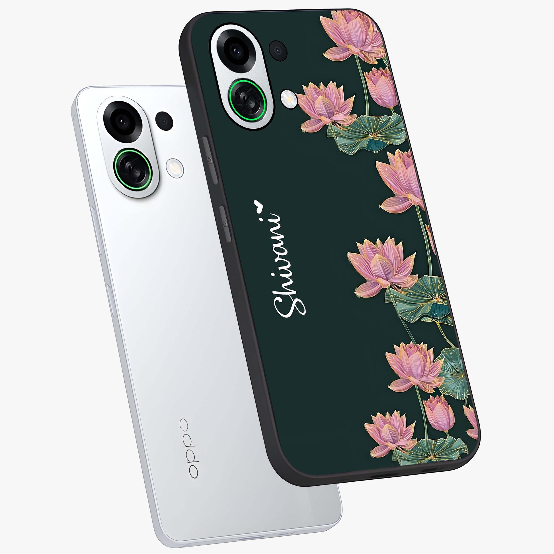 Lotus Bloom Serenity Custom Name Glass Case displayed in angled mockup highlighting graceful lotus illustration with custom name feature.
