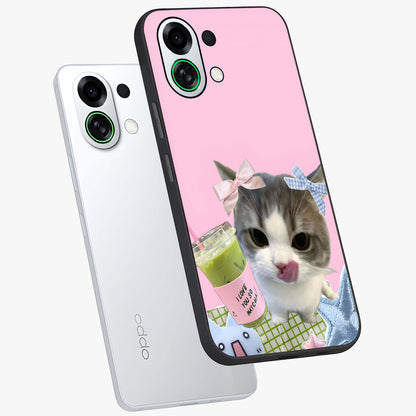 Love Matcha Cat Glass Case displayed in angled mockup highlighting playful feline illustration with cozy matcha aesthetic.