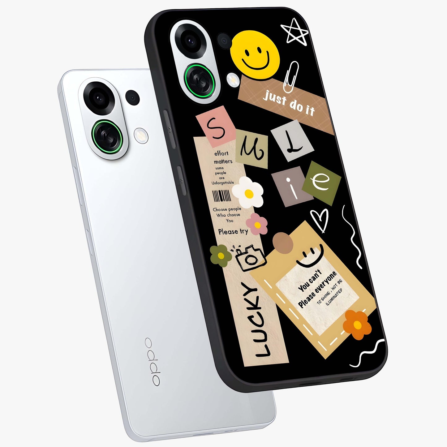 Lucky Aesthetic Collage Glass Case displayed in angled mockup highlighting stylish collage pattern with modern aesthetic vibe.