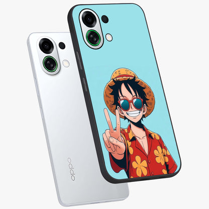 Luffy Summer Anime Vibe Glass Case displayed in angled mockup highlighting energetic anime illustration with summer vibe aesthetic.