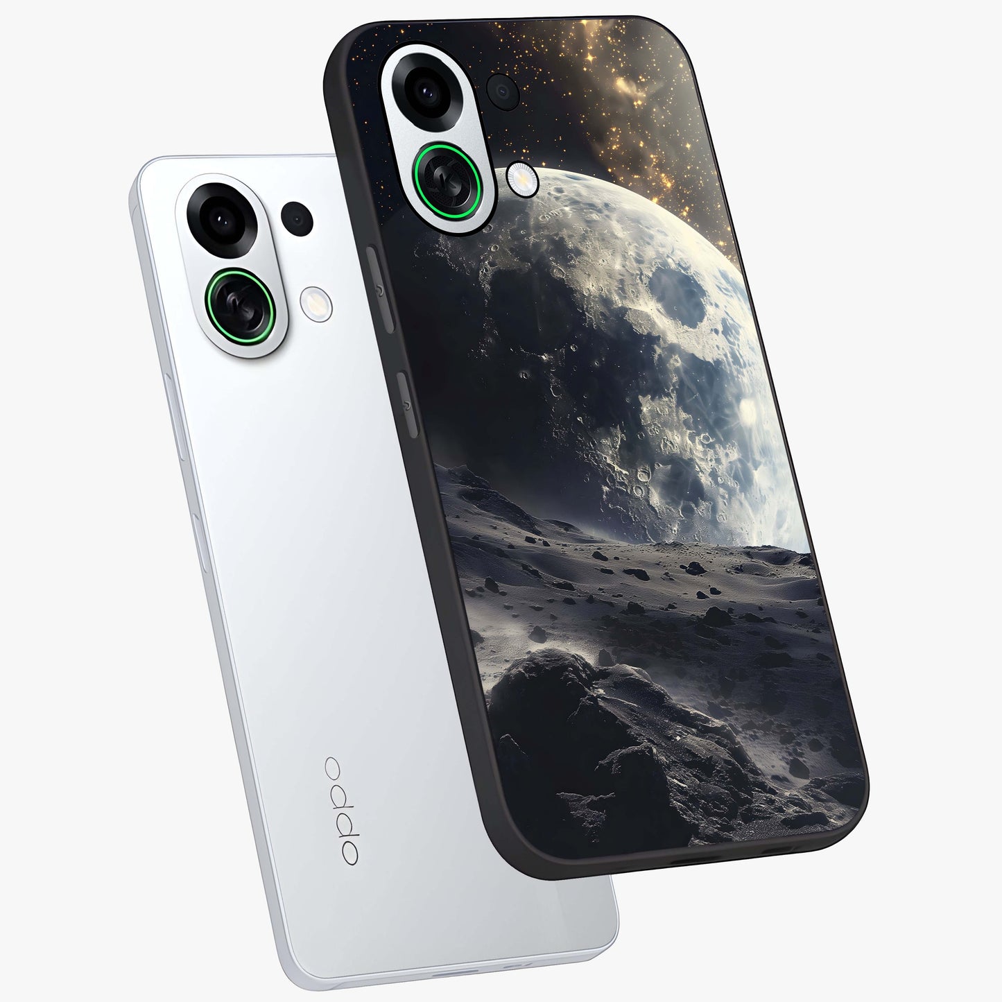 Lunar Horizon Glow Glass Case displayed in angled mockup highlighting celestial moon design with dreamy night aesthetic.