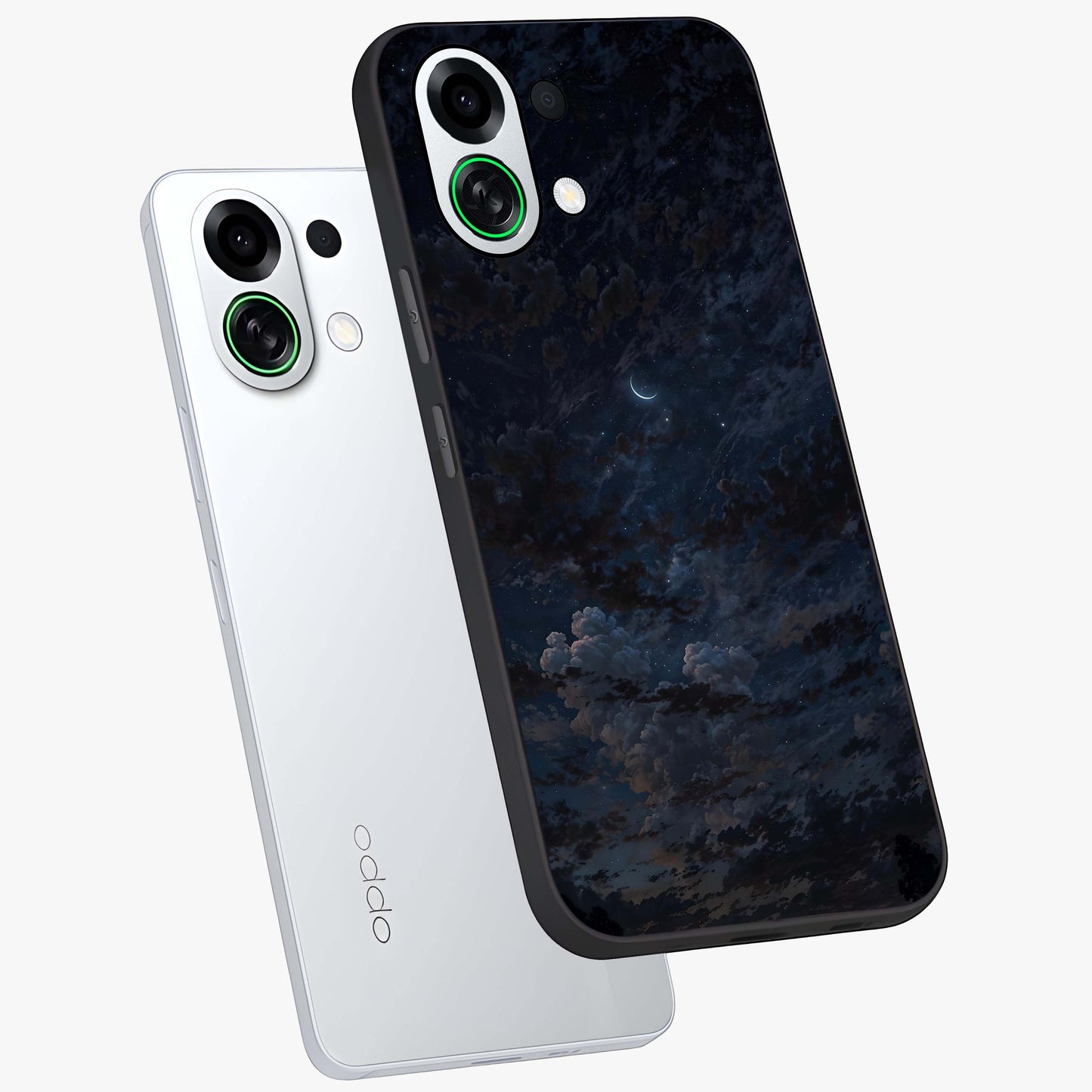 Lunar Veil Silence Glass Case displayed in angled mockup highlighting soft lunar design with peaceful celestial aesthetic.