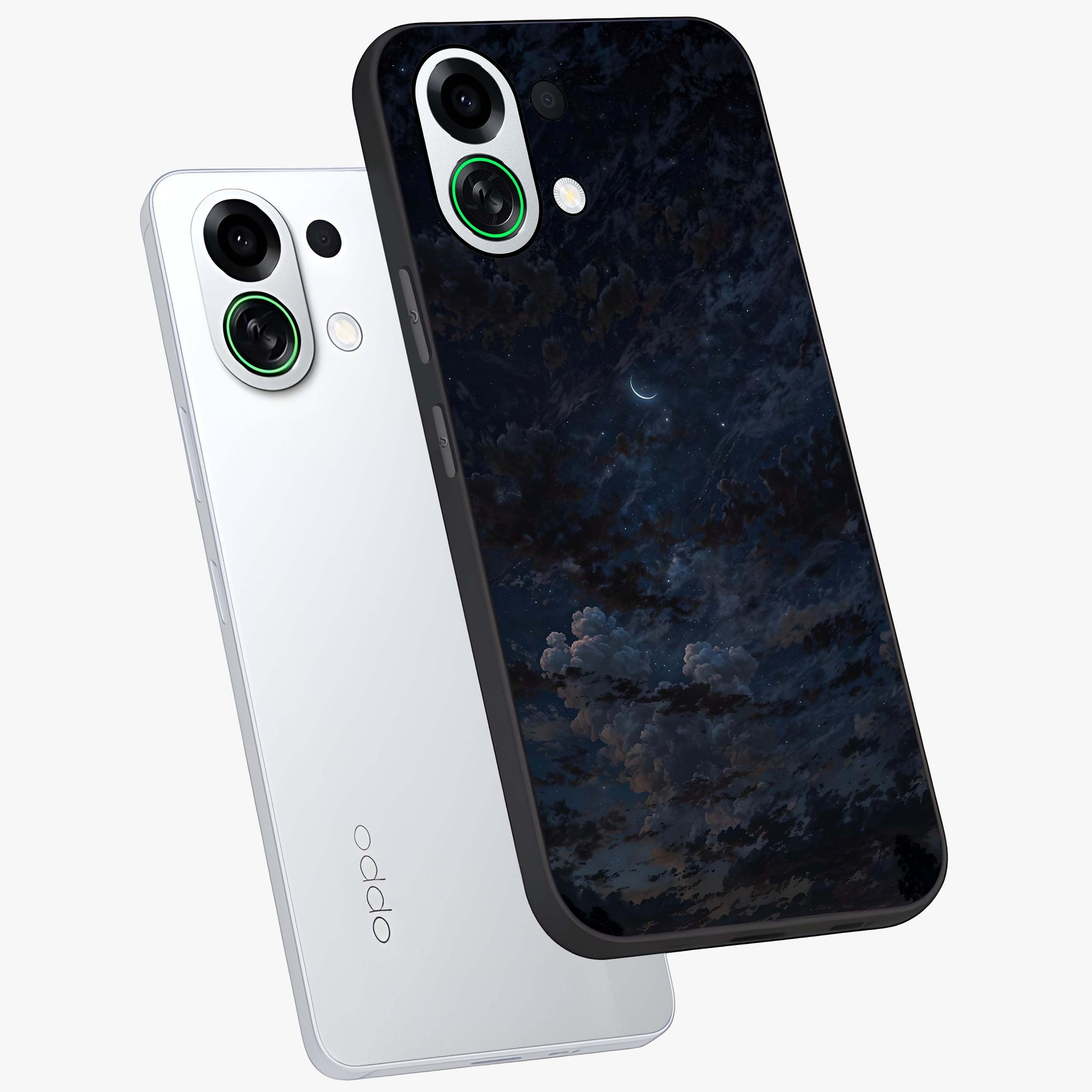 Lunar Veil Silence Glass Case displayed in angled mockup highlighting soft lunar design with peaceful celestial aesthetic.