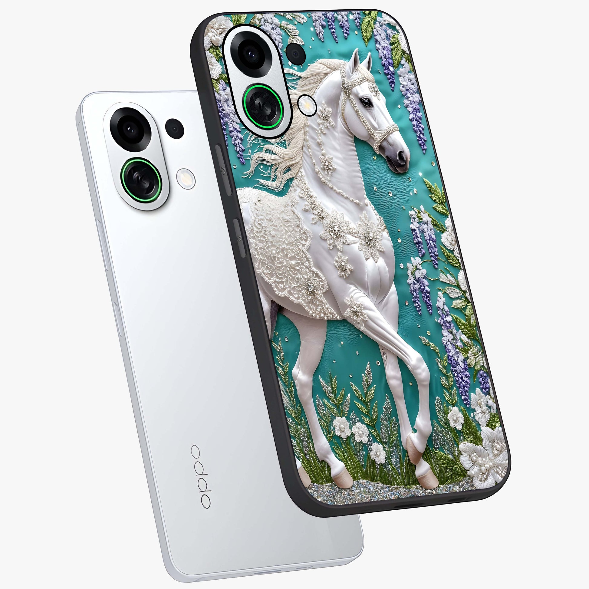 Majestic Floral Stallion Glass Case displayed in angled mockup highlighting majestic stallion illustration with elegant floral aesthetic.
