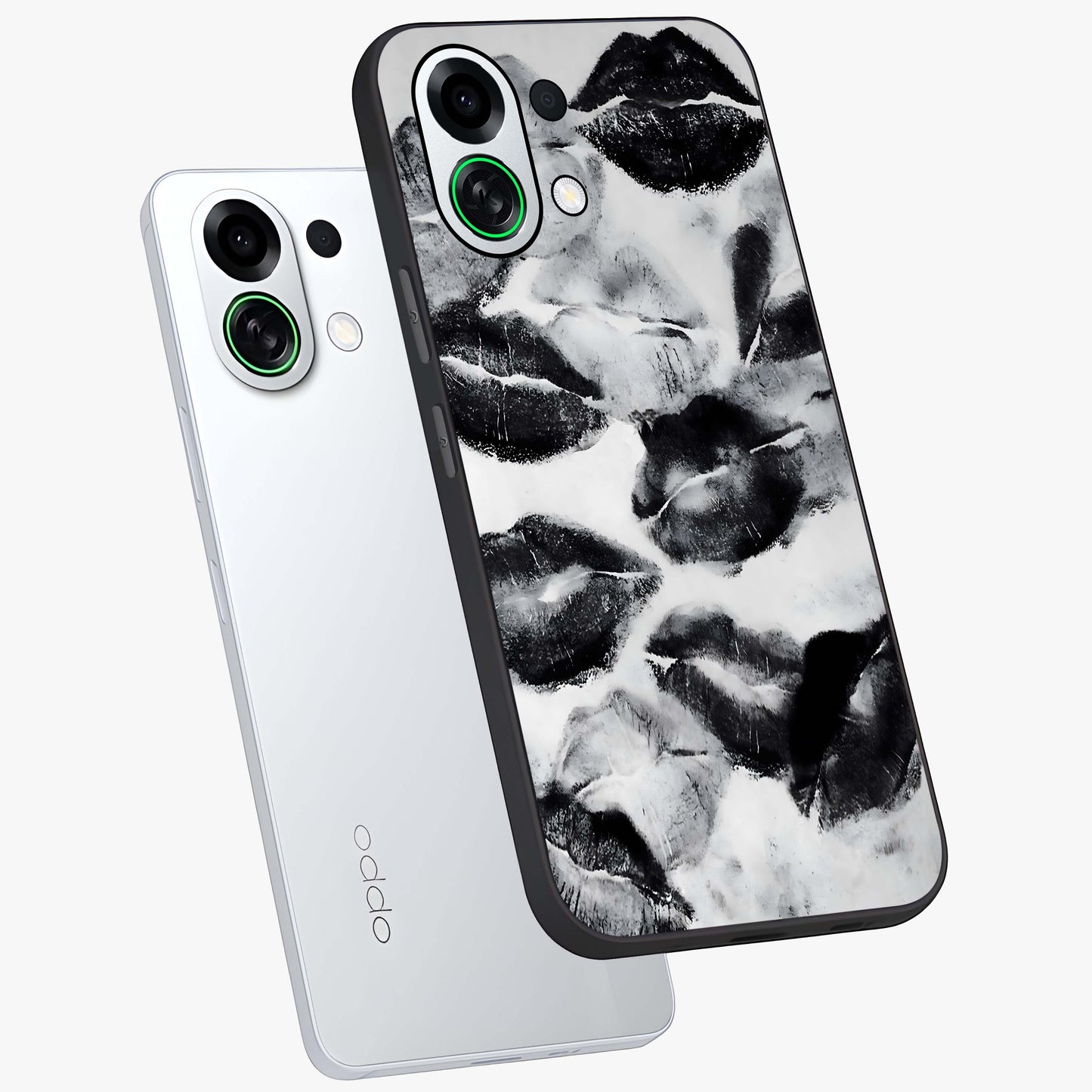 Midnight Kiss Marks Glass Case displayed in angled mockup highlighting playful romantic design with bold midnight aesthetic.