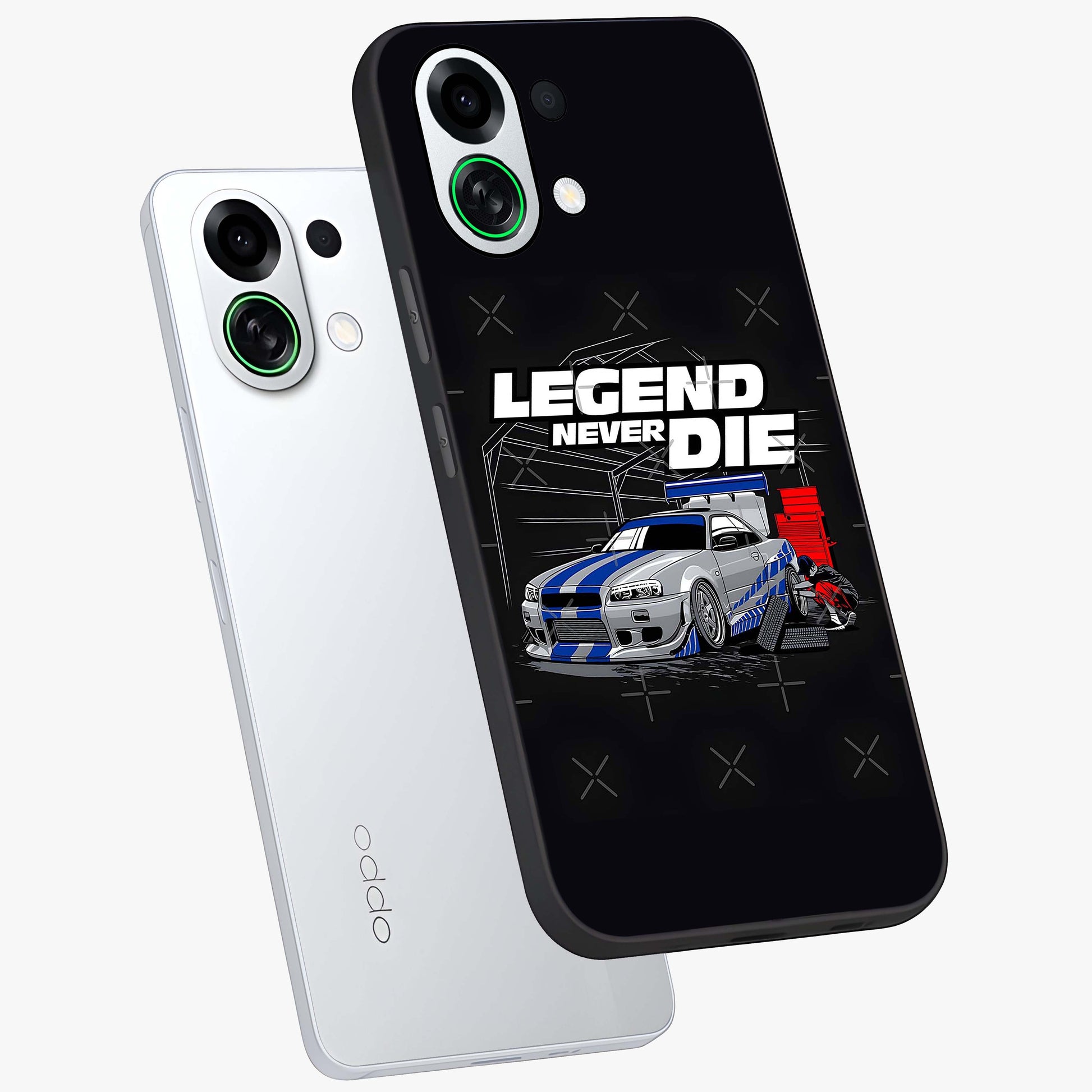 Midnight Racing Legacy Glass Case displayed in angled mockup highlighting dynamic automotive design with bold midnight aesthetic.