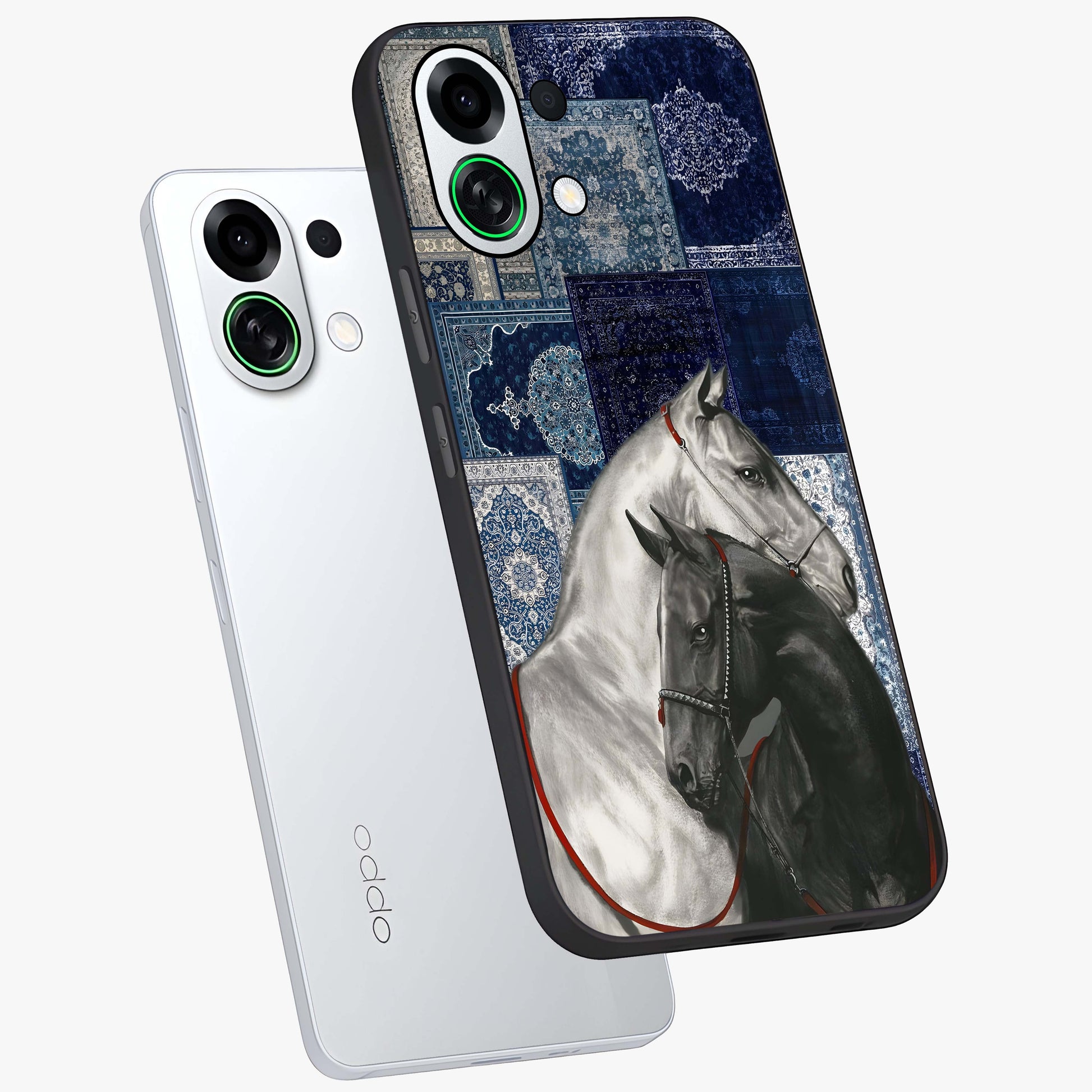 Midnight Stallion Blues Glass Case displayed in angled mockup highlighting powerful stallion illustration with deep midnight tones.