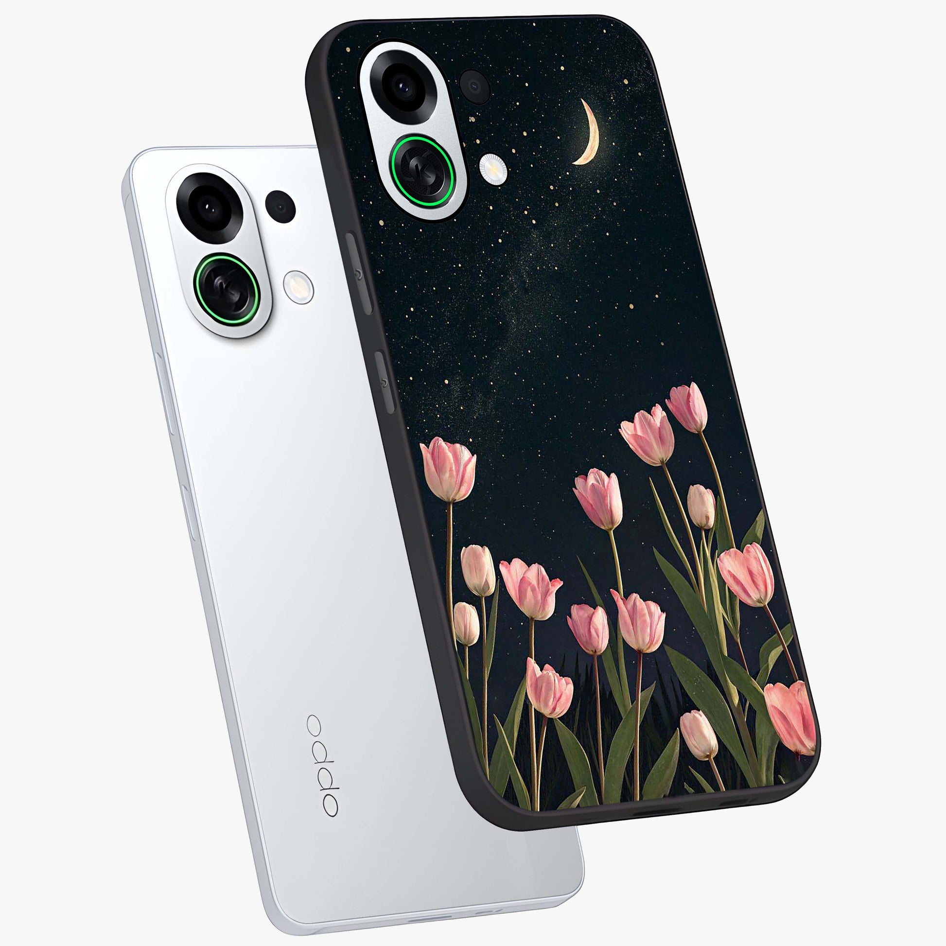 Midnight Tulip Whispers Vibe Glass Case displayed in angled mockup highlighting delicate tulip design with midnight floral aesthetic.