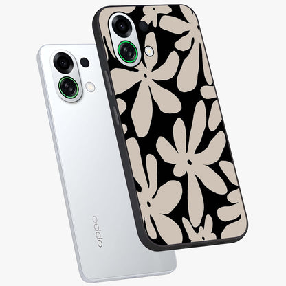 Monochrome Petal Dance Glass Case displayed in angled mockup highlighting elegant petal design with black and white aesthetic.