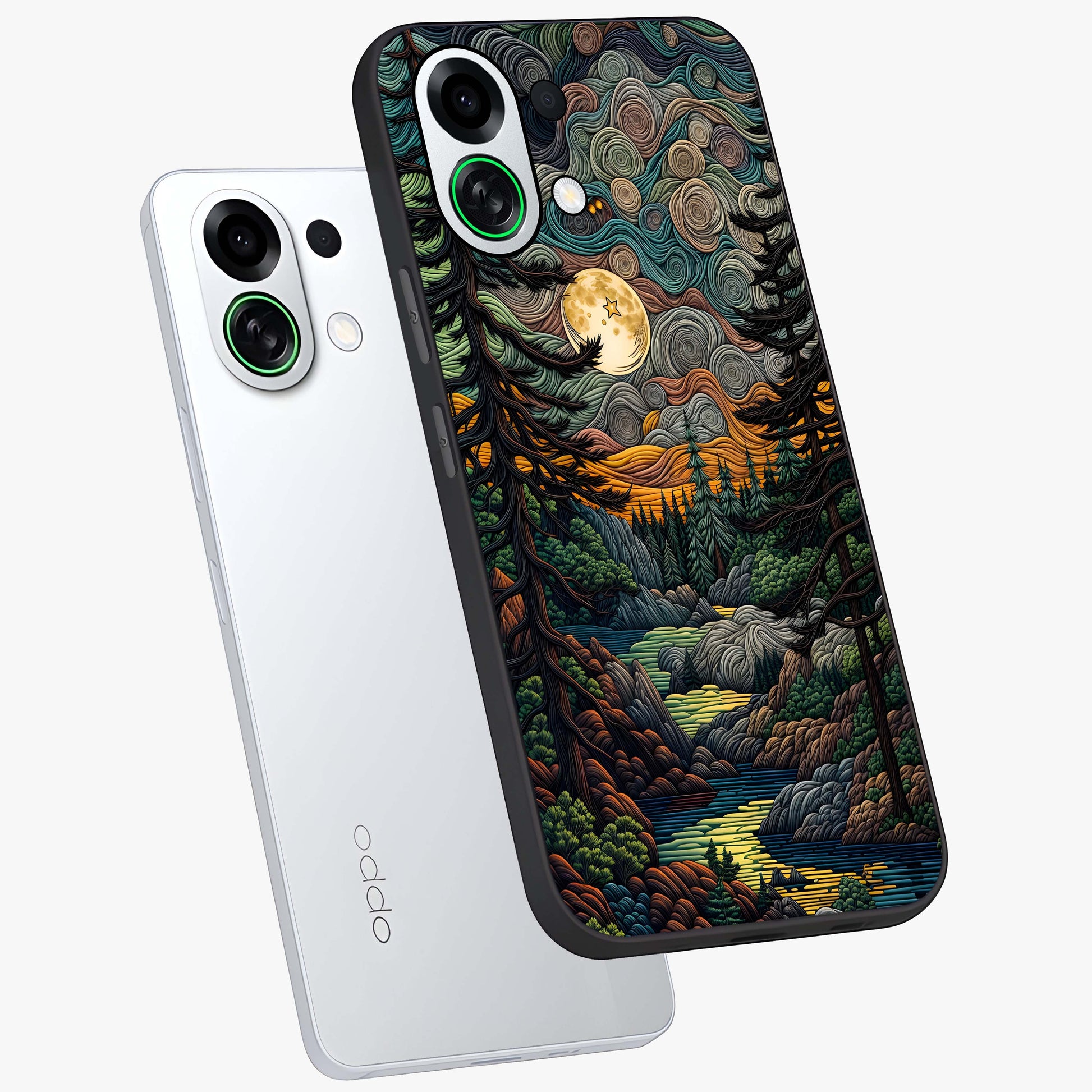 Moonlight Forest Dream Glass Case displayed in angled mockup highlighting dreamy forest design with glowing moon aesthetic.