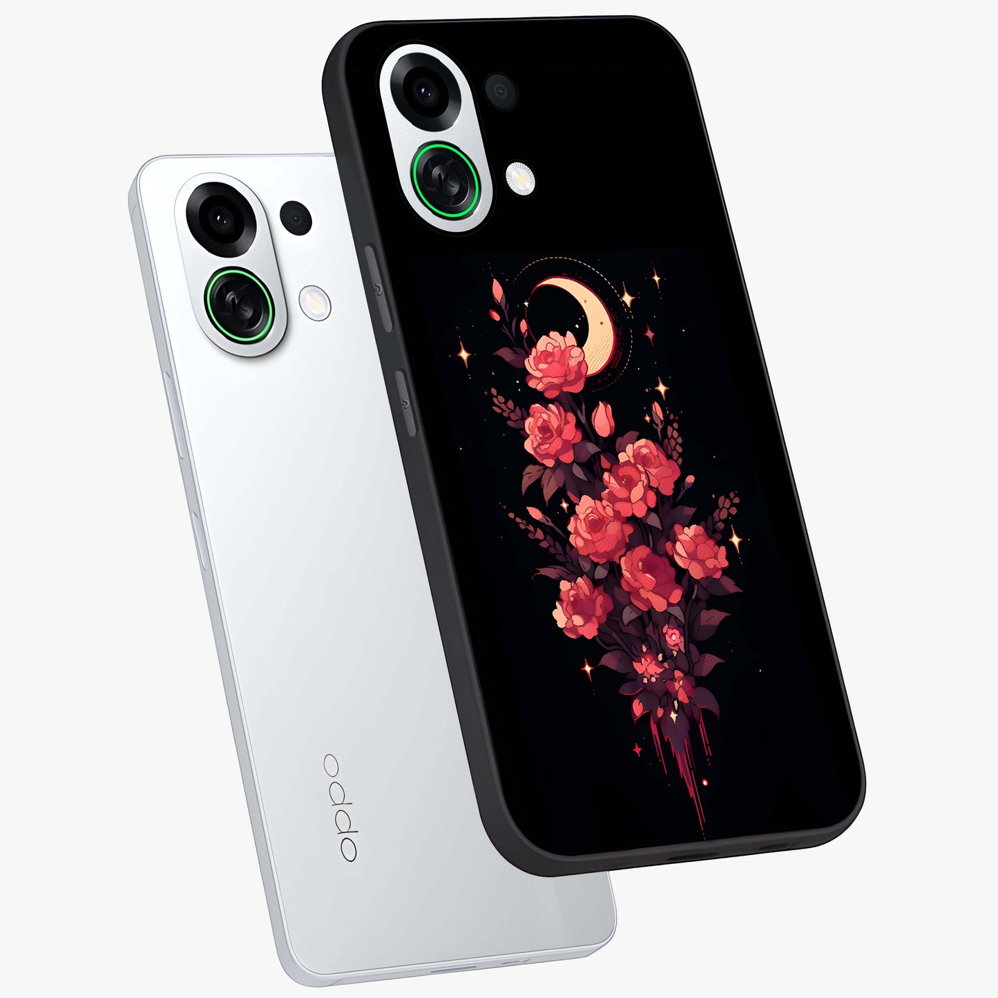 Moonlit Floral Elegance Glass Case displayed in angled mockup highlighting graceful flower design with soft moonlight aesthetic.