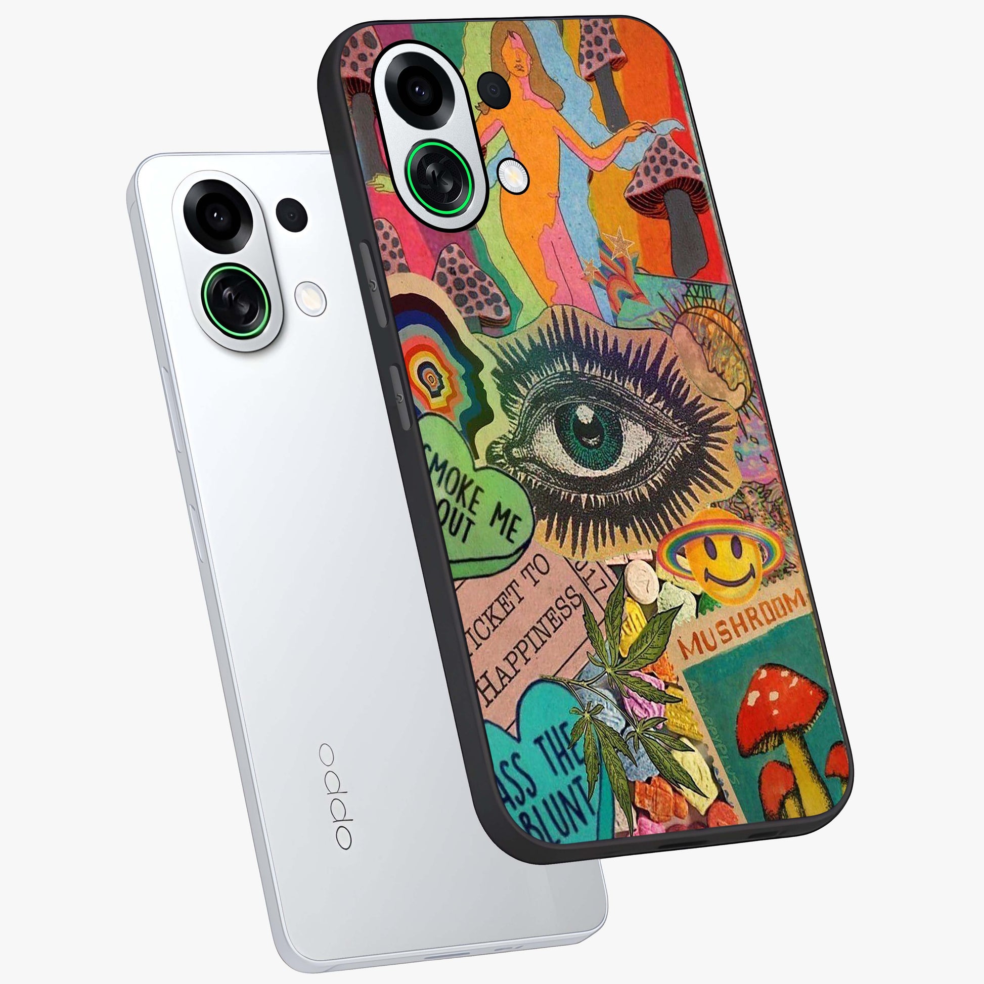Mystic Eye Wonderland Glass Case displayed in angled mockup highlighting magical eye illustration with dreamy aesthetic.
