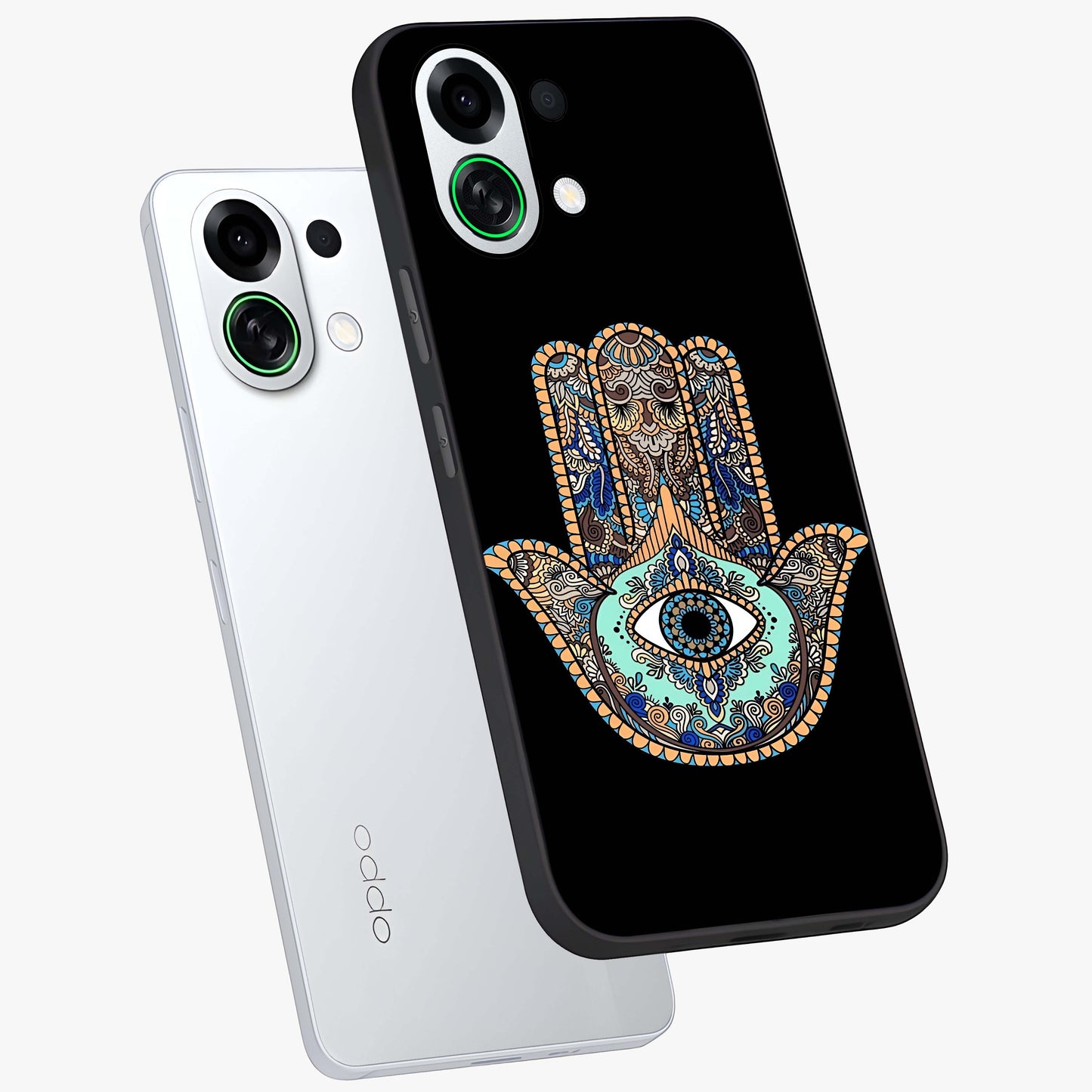 Mystic Hamsa Eye Glass Case displayed in angled mockup highlighting spiritual hamsa symbol with mystical aesthetic style.
