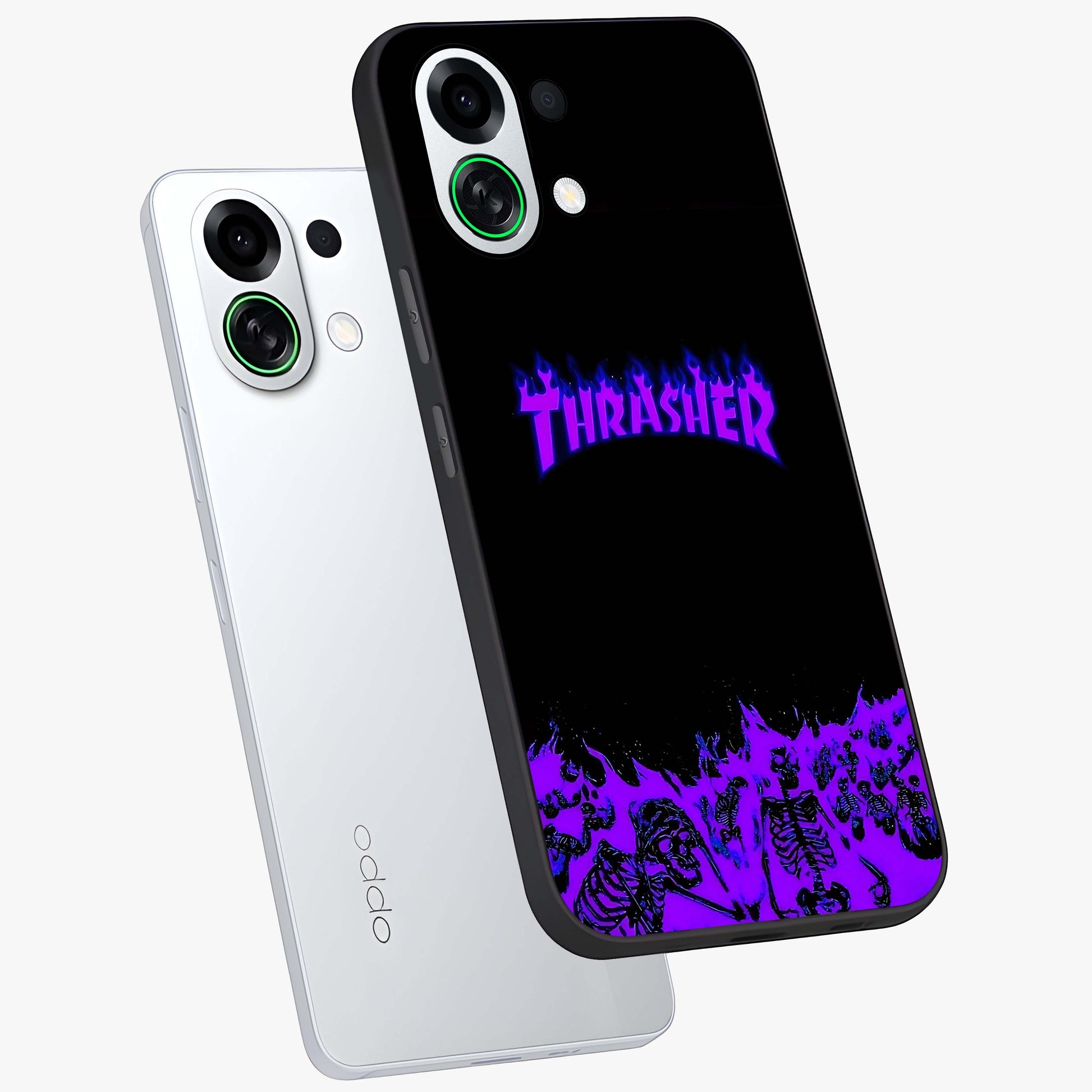Neon Flame Riot Glass Case displayed in angled mockup highlighting glowing flame design with vibrant neon aesthetic.