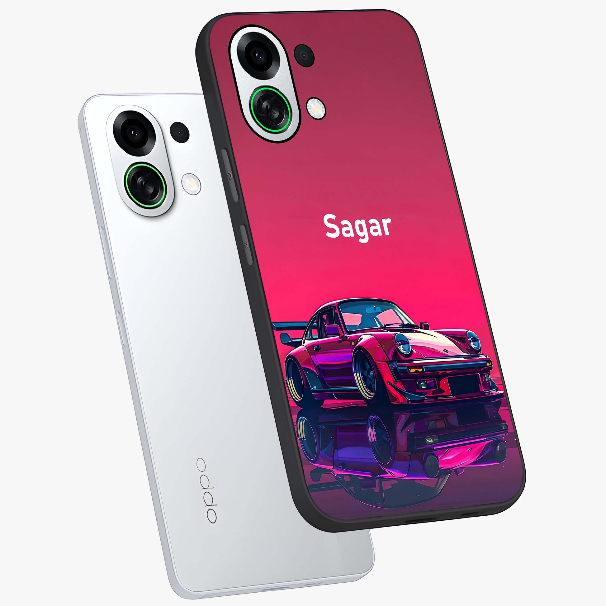 Neon Pink Porsche Glass Case displayed in angled mockup highlighting sleek neon pink car design with racing aesthetic.