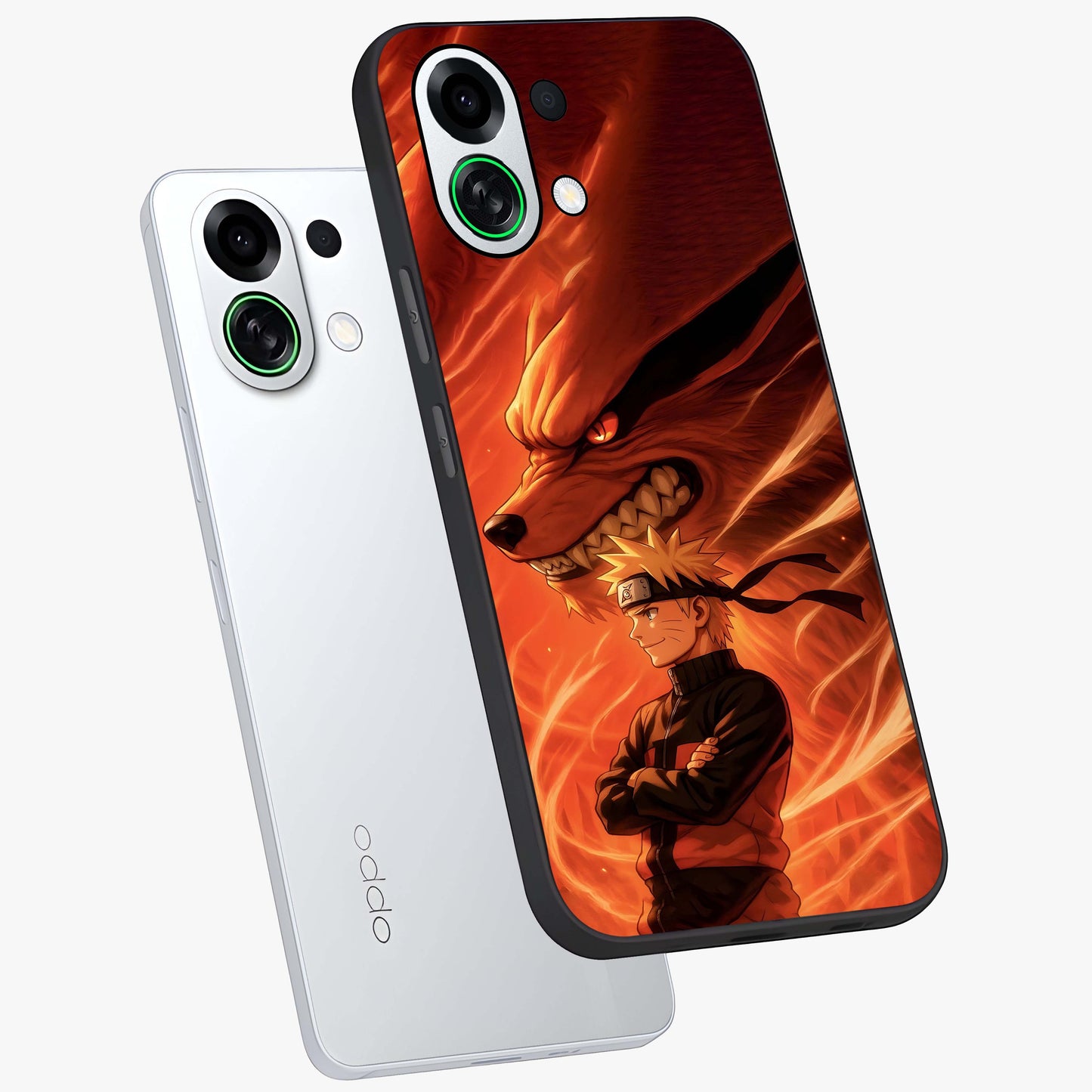 Nine Tails Legacy Glass Case displayed in angled mockup highlighting dynamic anime beast illustration with bold mystical aesthetic.
