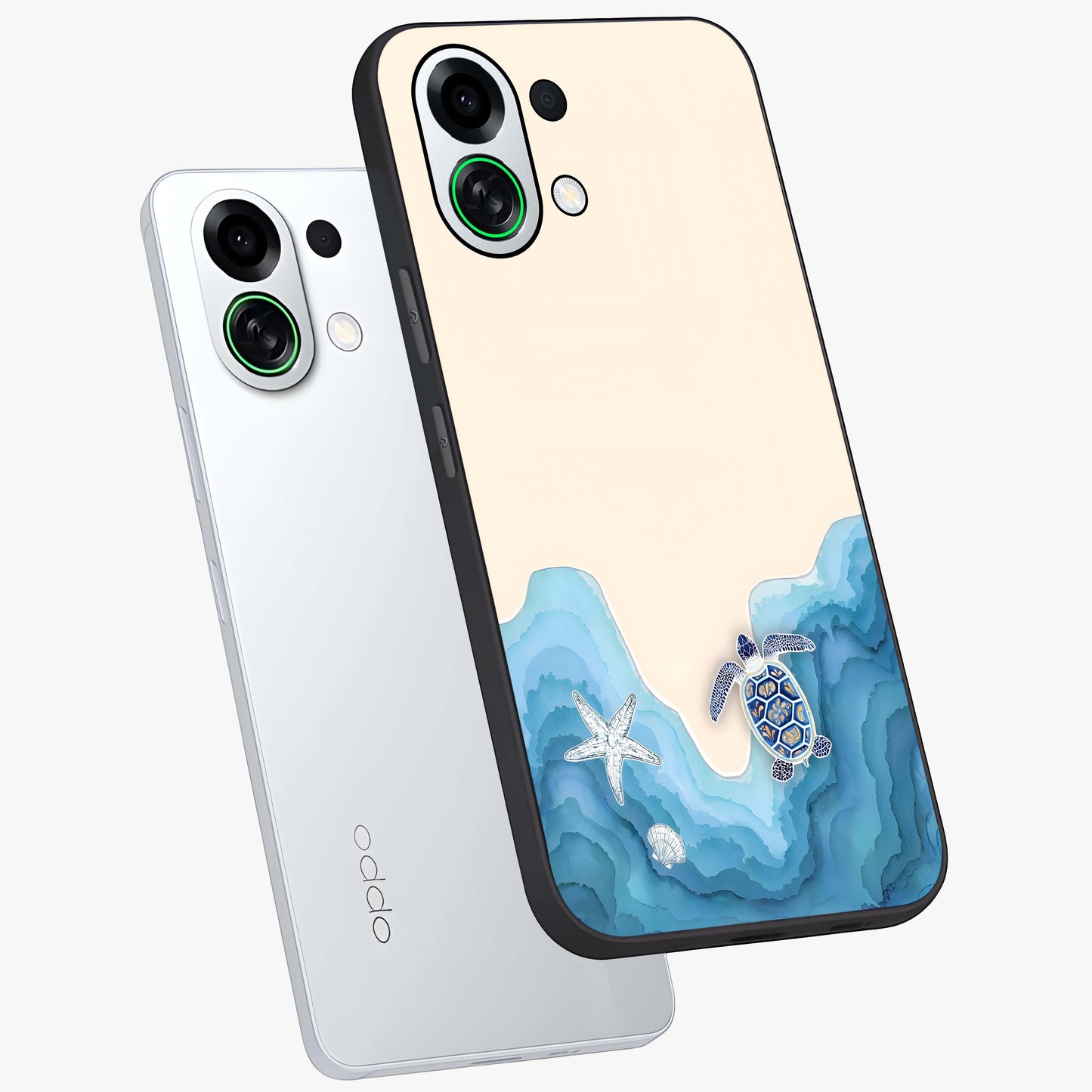Ocean Drift Turtle Glass Case displayed in angled mockup highlighting peaceful ocean turtle illustration with marine aesthetic.