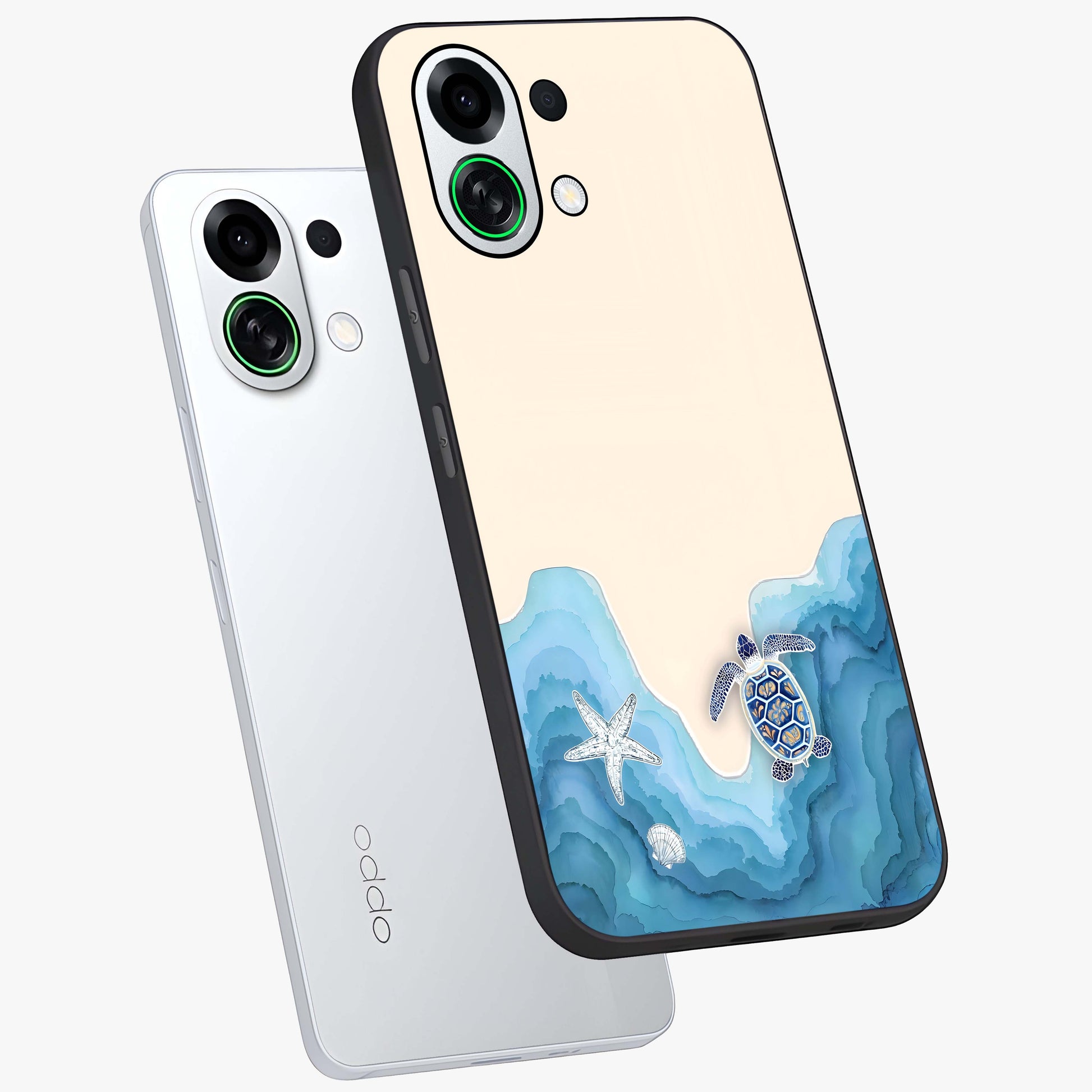 Ocean Drift Turtle Glass Case displayed in angled mockup highlighting peaceful ocean turtle illustration with marine aesthetic.