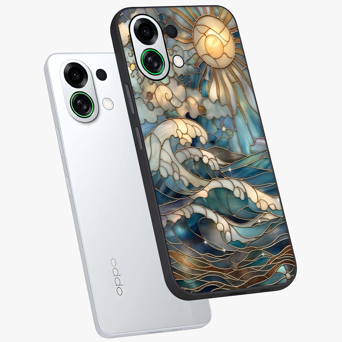 Oceanic Stained Printed Glass Case displayed in angled mockup highlighting colorful aquatic design with artistic aesthetic style.