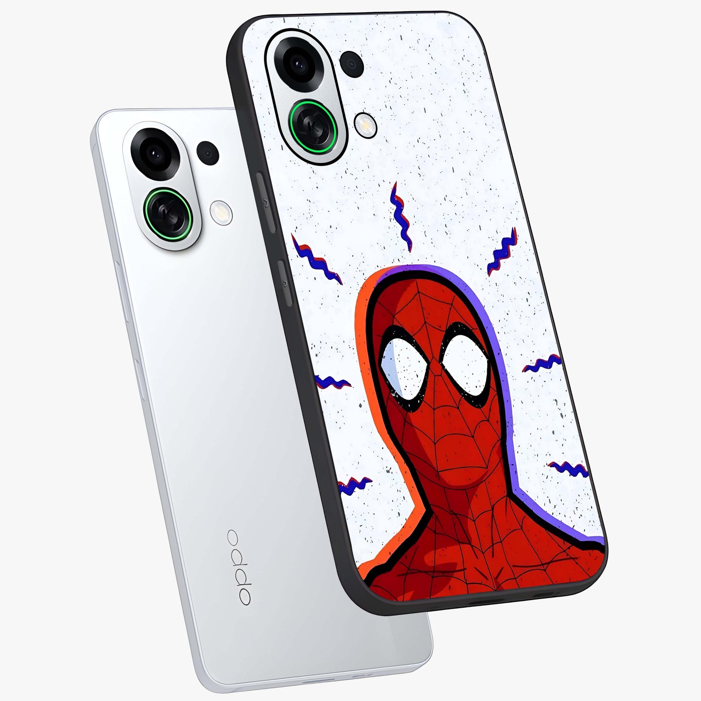 Omg Spiderman Glass Case displayed in angled mockup highlighting dynamic hero illustration with action comic aesthetic.