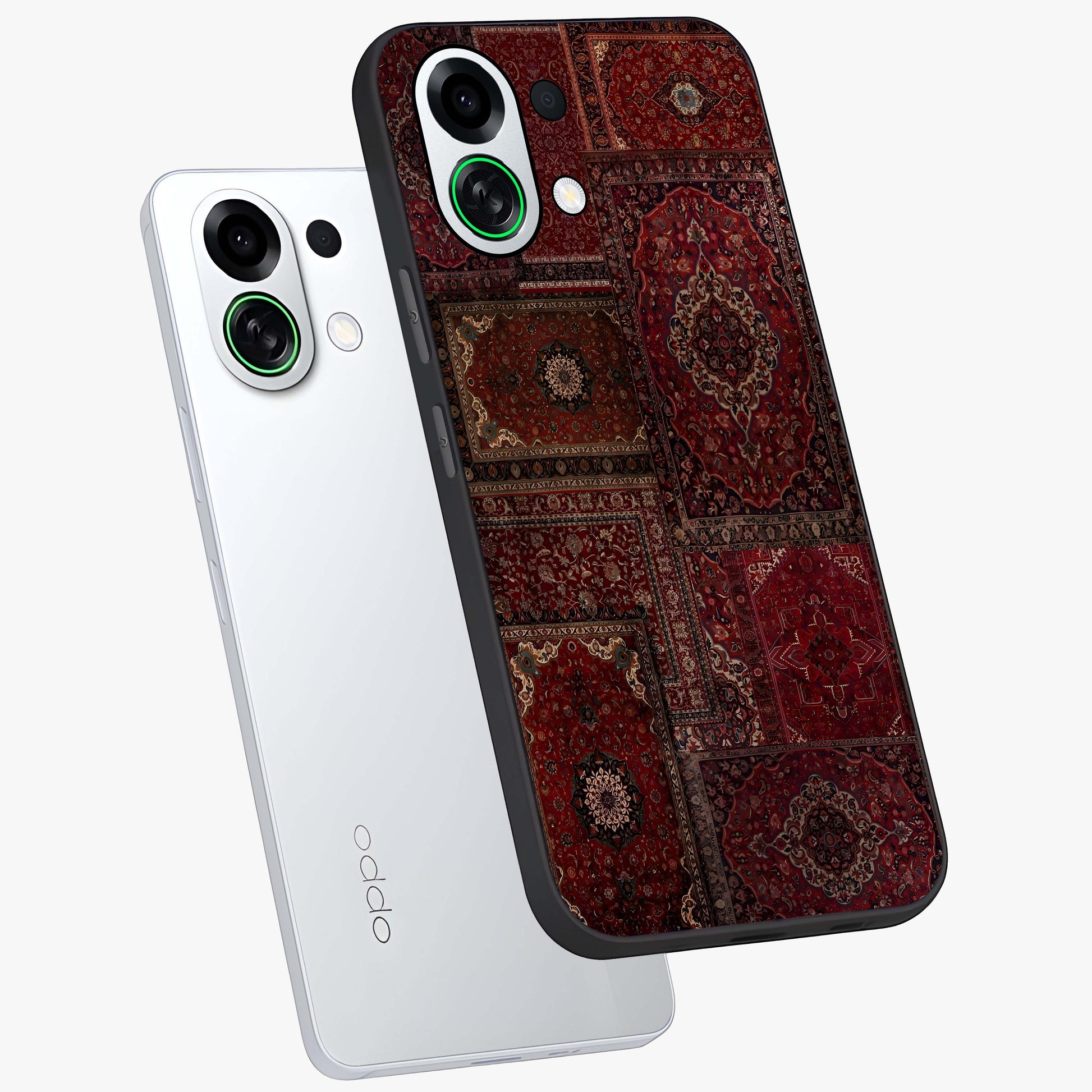 Persian Velvet Tale Glass Case displayed in angled mockup highlighting ornate textile inspired design with royal aesthetic.