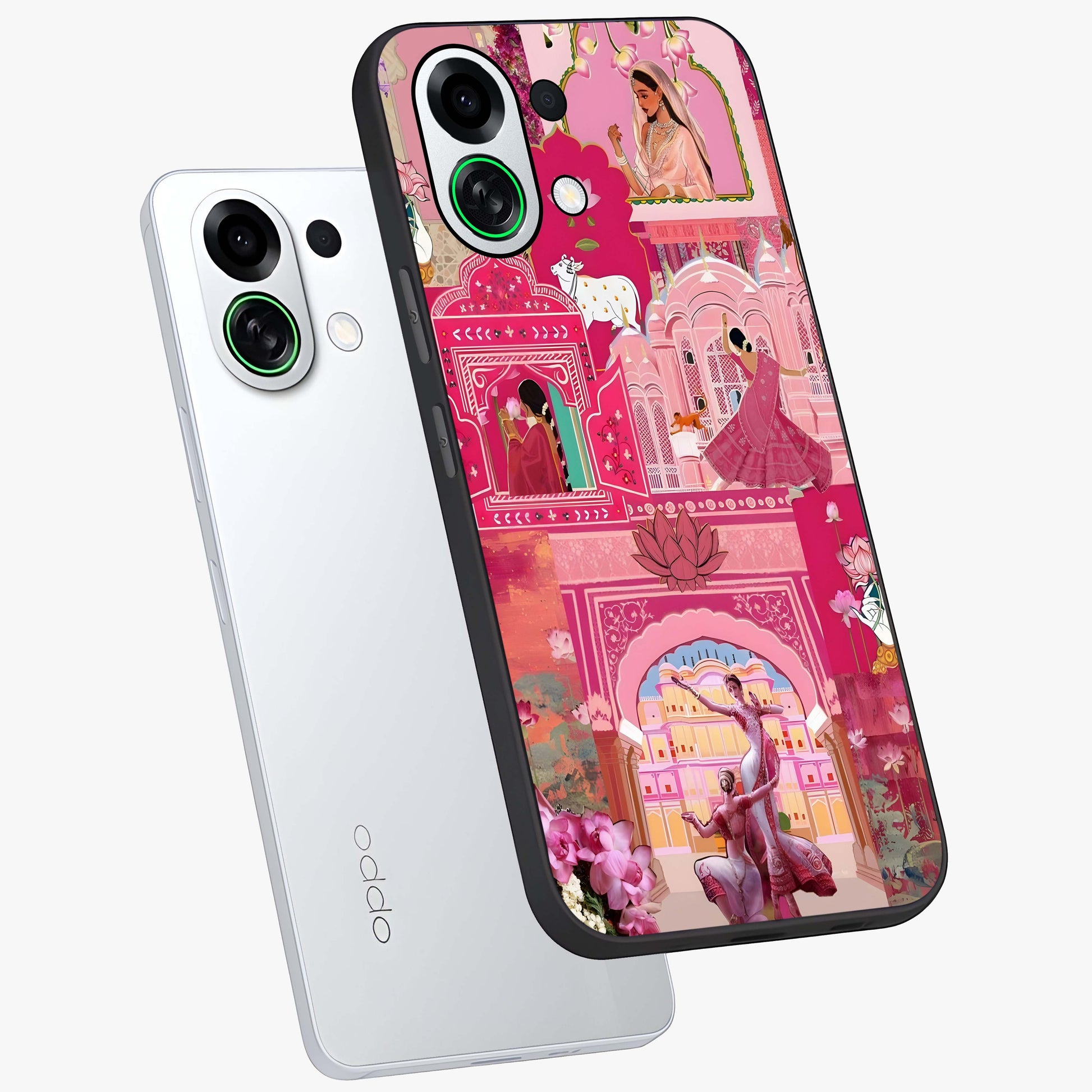 Pink Palace Muse Glass Case displayed in angled mockup highlighting dreamy palace illustration with soft pink aesthetic.