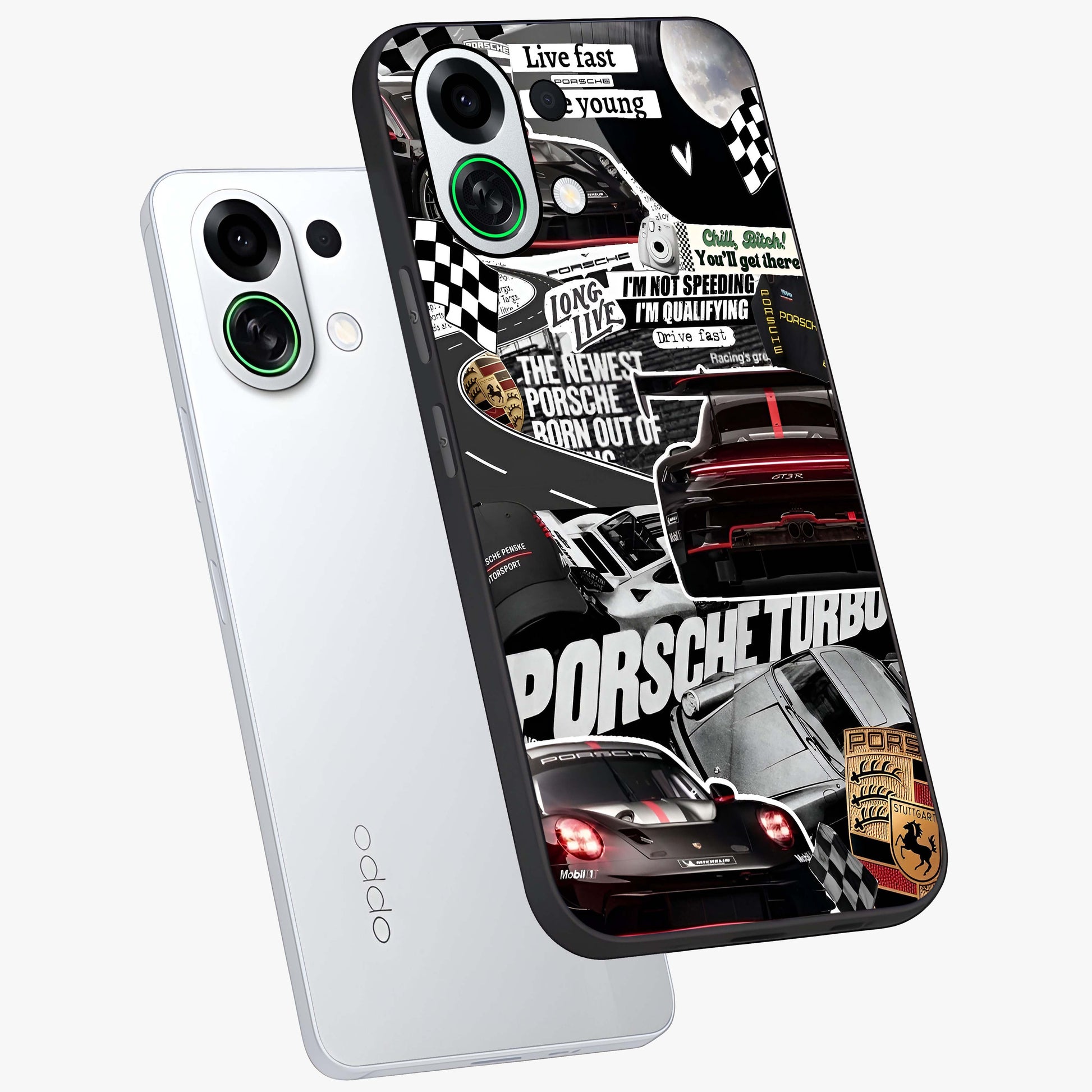 Porsche Racing Collage Glass Case displayed in angled mockup highlighting dynamic automotive design with bold racing aesthetic.