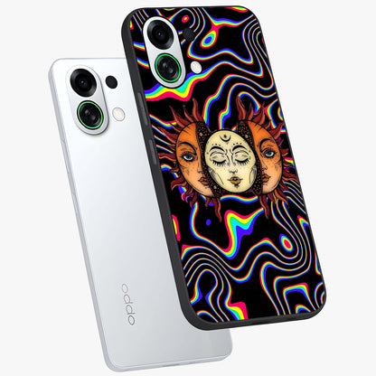 Psychedelic Sun Glass Case displayed in angled mockup highlighting vibrant abstract sun design with artistic aesthetic style.