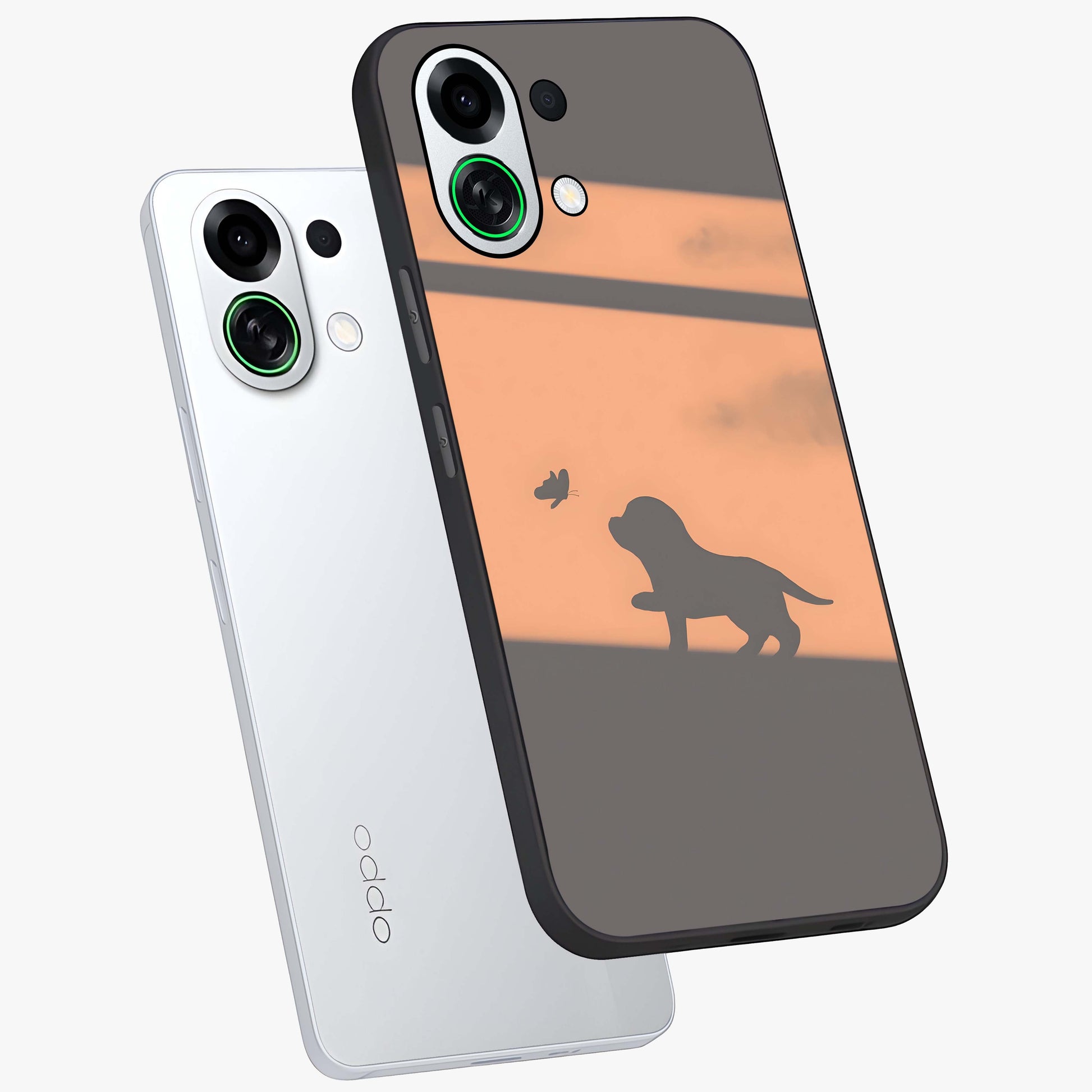 Puppy Shadow Art Glass Case displayed in angled mockup highlighting playful dog illustration with artistic shadow aesthetic.