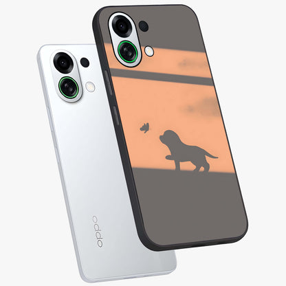 Puppy Shadow Art Glass Case displayed in angled mockup highlighting playful dog illustration with artistic shadow aesthetic.