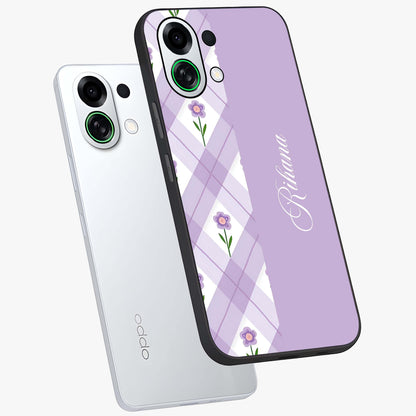 Purple Diamond Floral Glass Case displayed in angled mockup highlighting elegant purple flower design with decorative pattern.