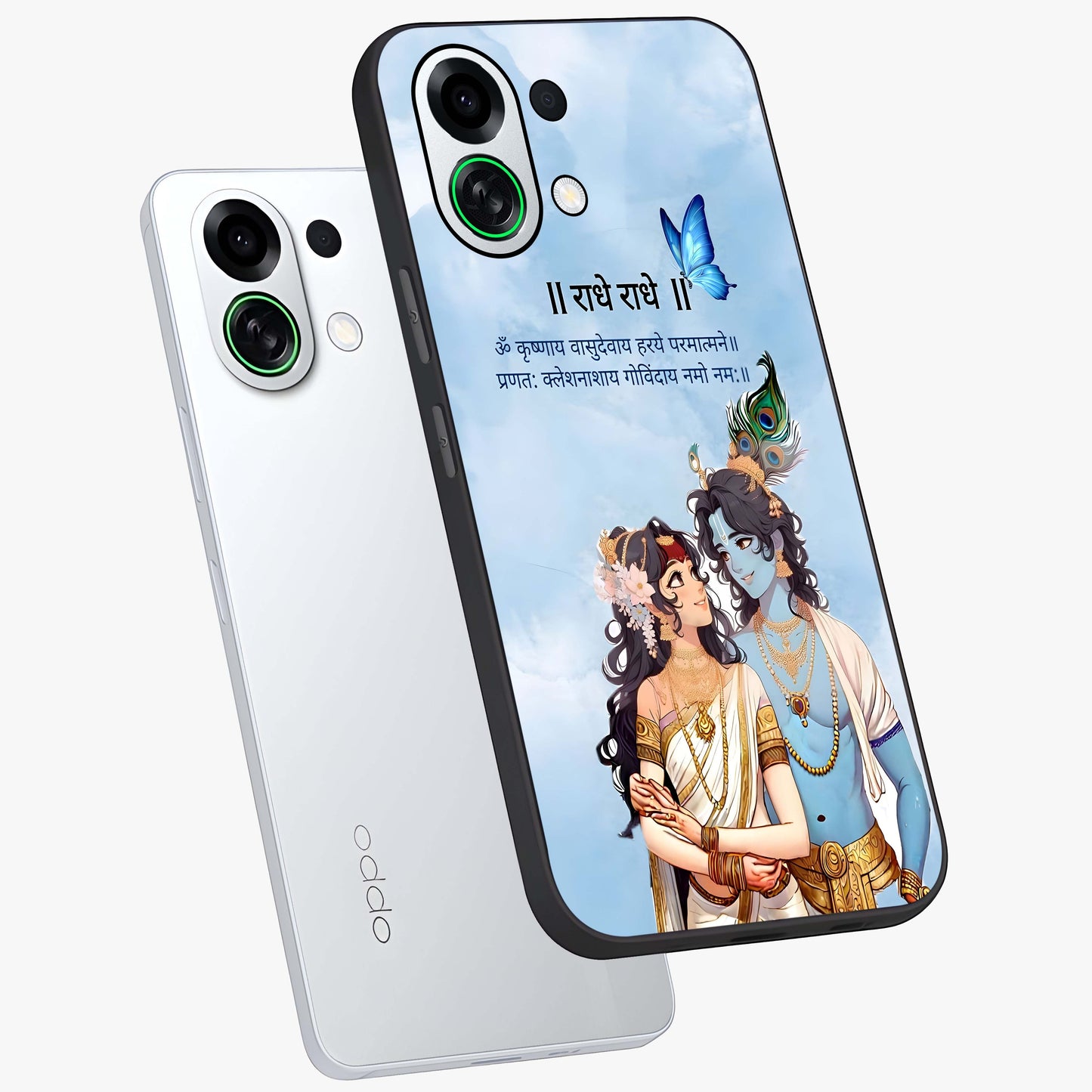 Radha Krishna Eternal Glass Case displayed in angled mockup highlighting divine Radha Krishna illustration with spiritual aesthetic.