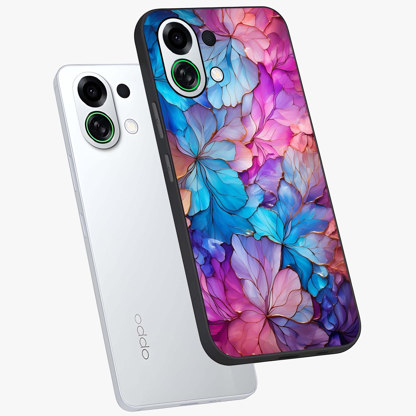 Radiant Floral Whirl Glass Case displayed in angled mockup highlighting vibrant flower pattern with dynamic artistic aesthetic.