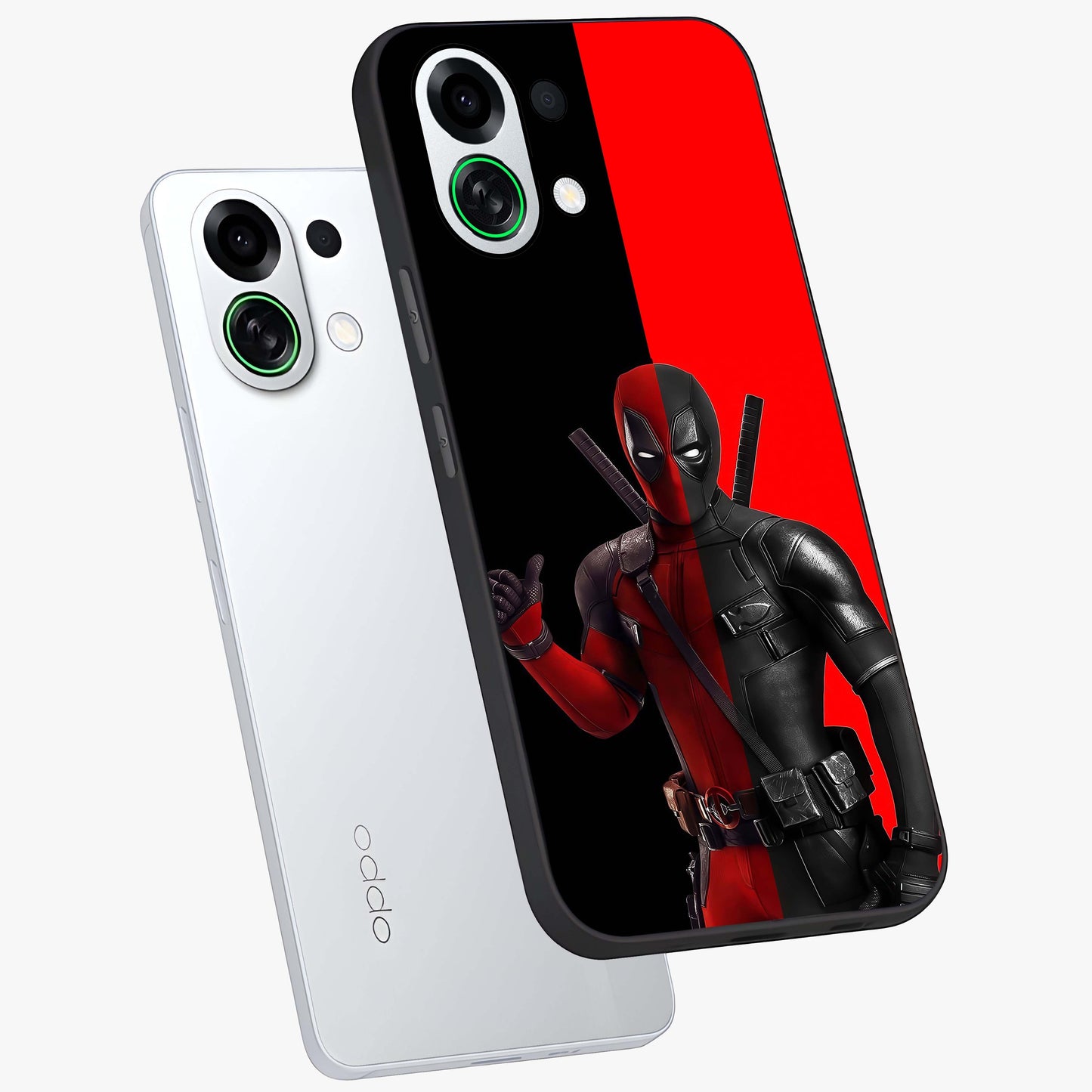 Red & Black Deadpool Theme Glass Case displayed in angled mockup highlighting vibrant superhero style illustration with action aesthetic.