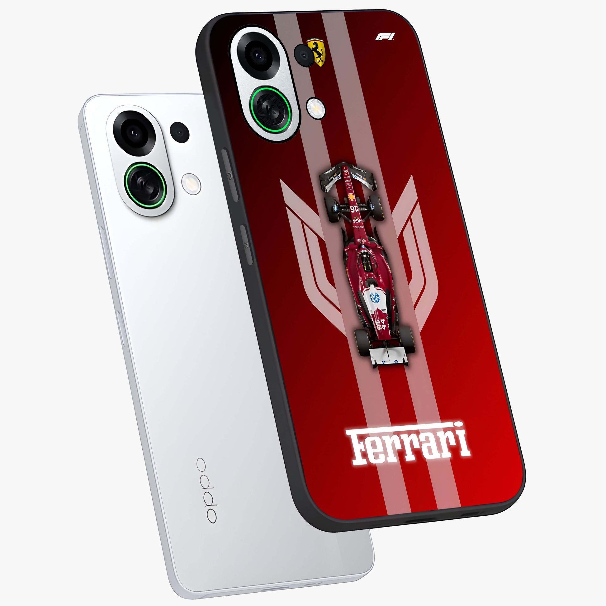 Red Ferrari F1 Vertical Glass Case displayed in angled mockup highlighting high speed racing design with bold automotive aesthetic.